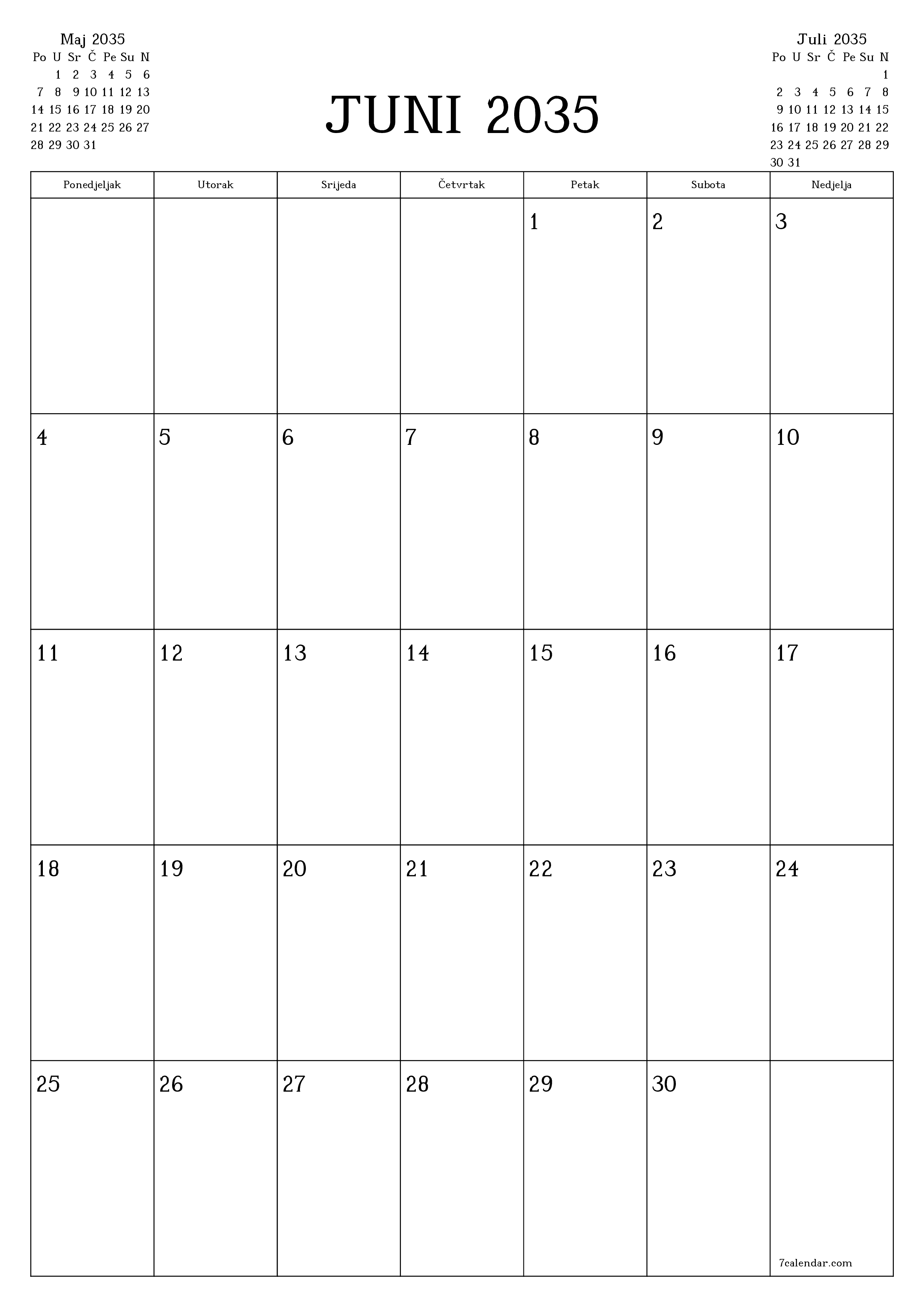  za štampanje zidni šablon a besplatni vertikalno Mjesečno planer kalendar Juni (Jun) 2035