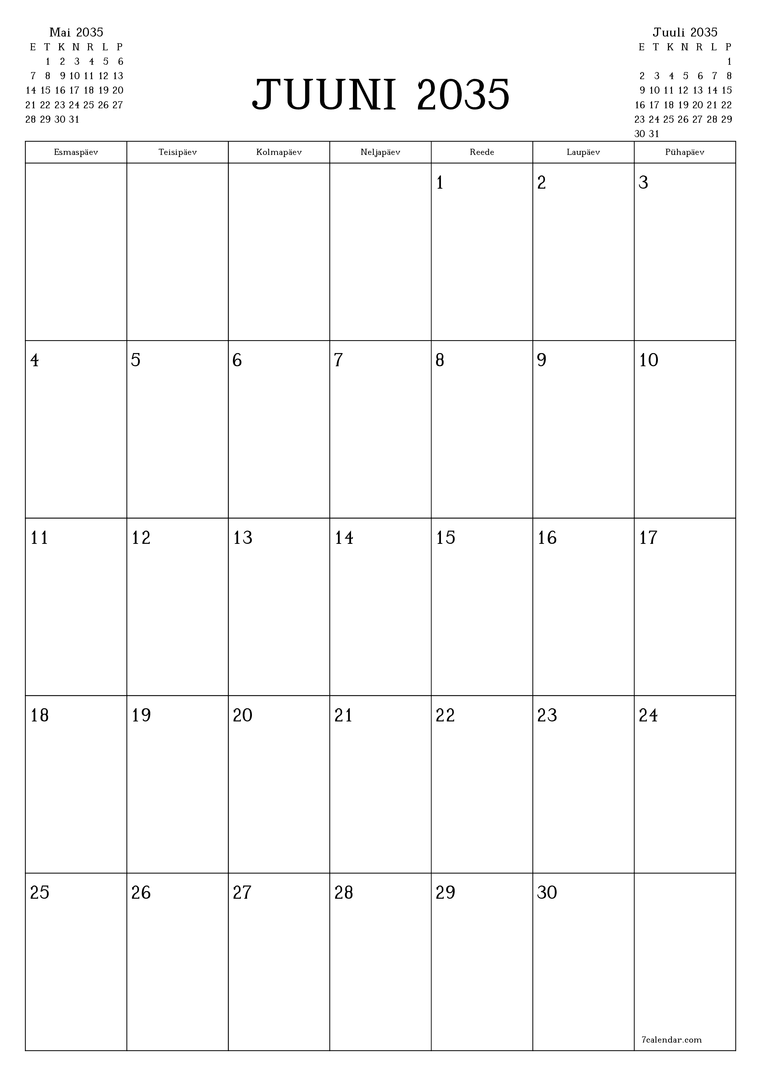 prinditav seina kalendri mall tasuta vertikaalne Igakuine planeerija kalender Juuni (Juuni) 2035