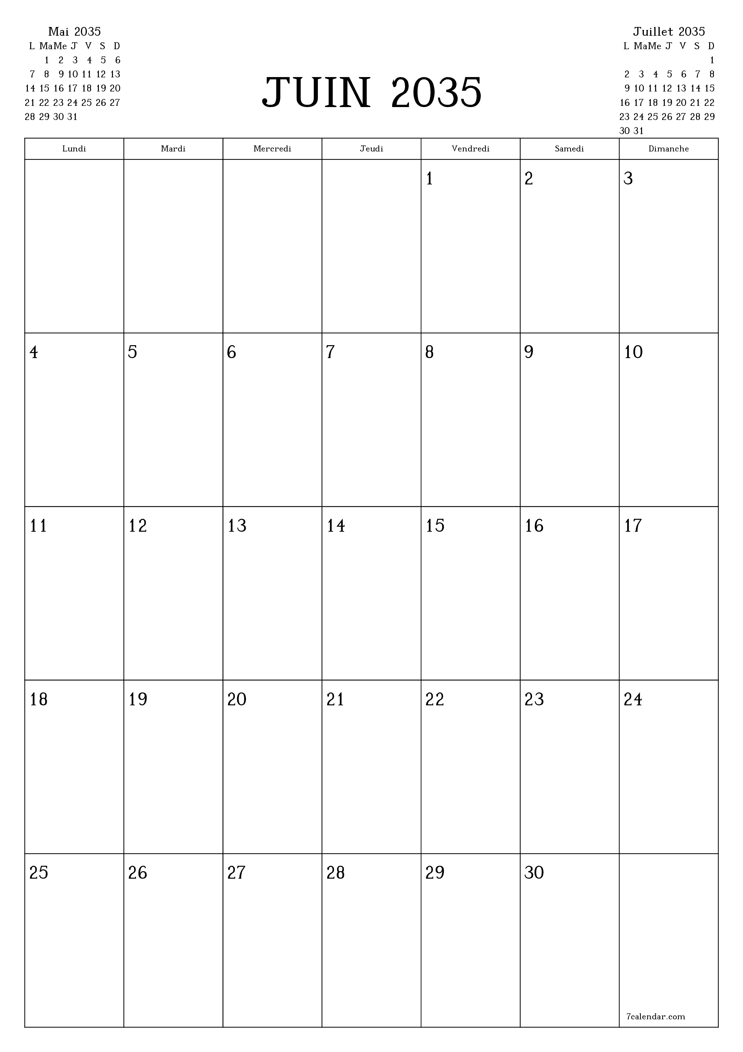 imprimable mural modèle de gratuitverticale Mensuel planificateur calendrier Juin (Jui) 2035