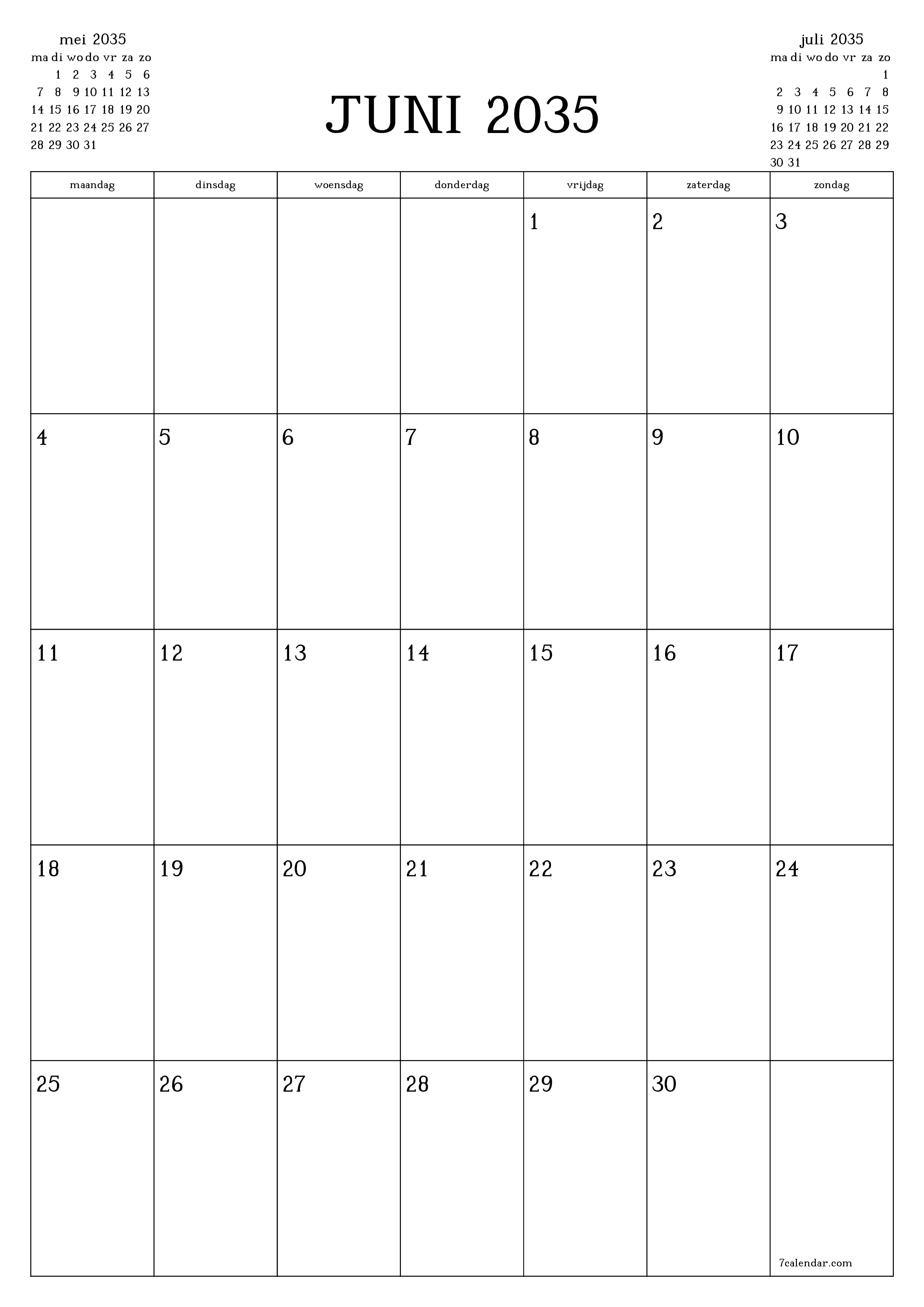afdrukbare muur sjabloon gratis verticaal Maandelijks planner kalender juni (jun) 2035