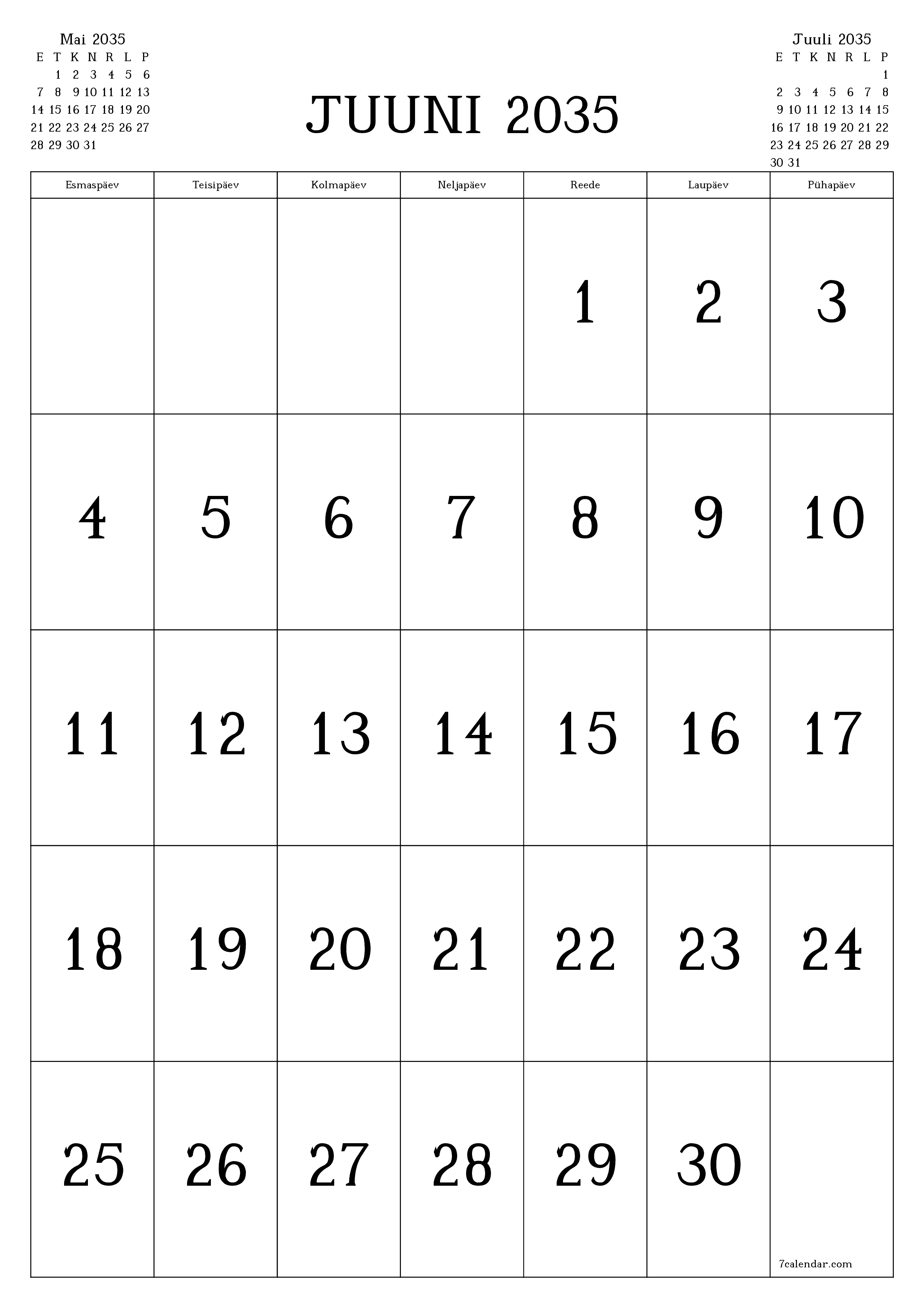 prinditav seina kalendri mall tasuta vertikaalne Igakuine kalender Juuni (Juuni) 2035