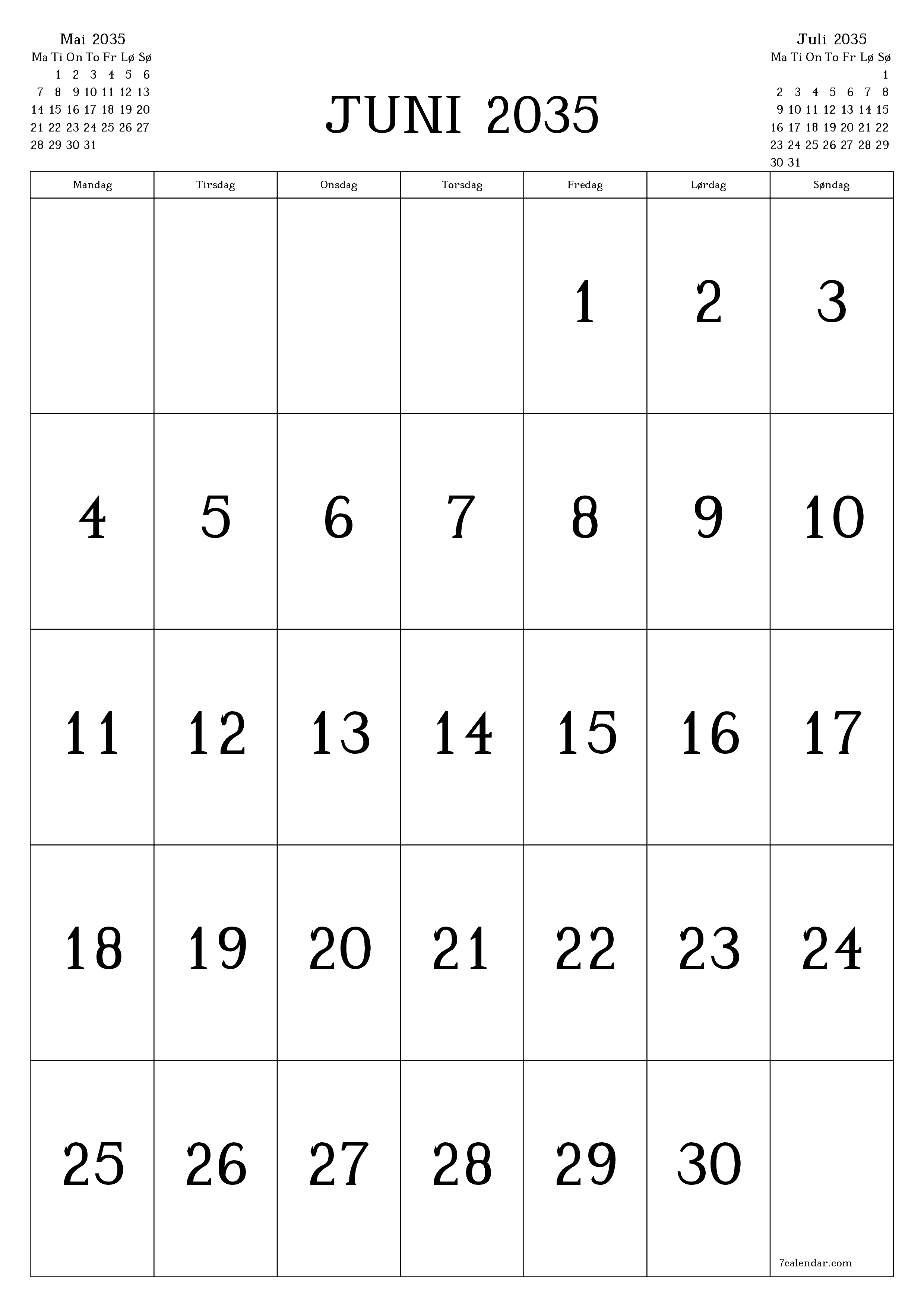 utskrivbar vegg mal gratis vertikal Månedlig kalender Juni (Jun) 2035