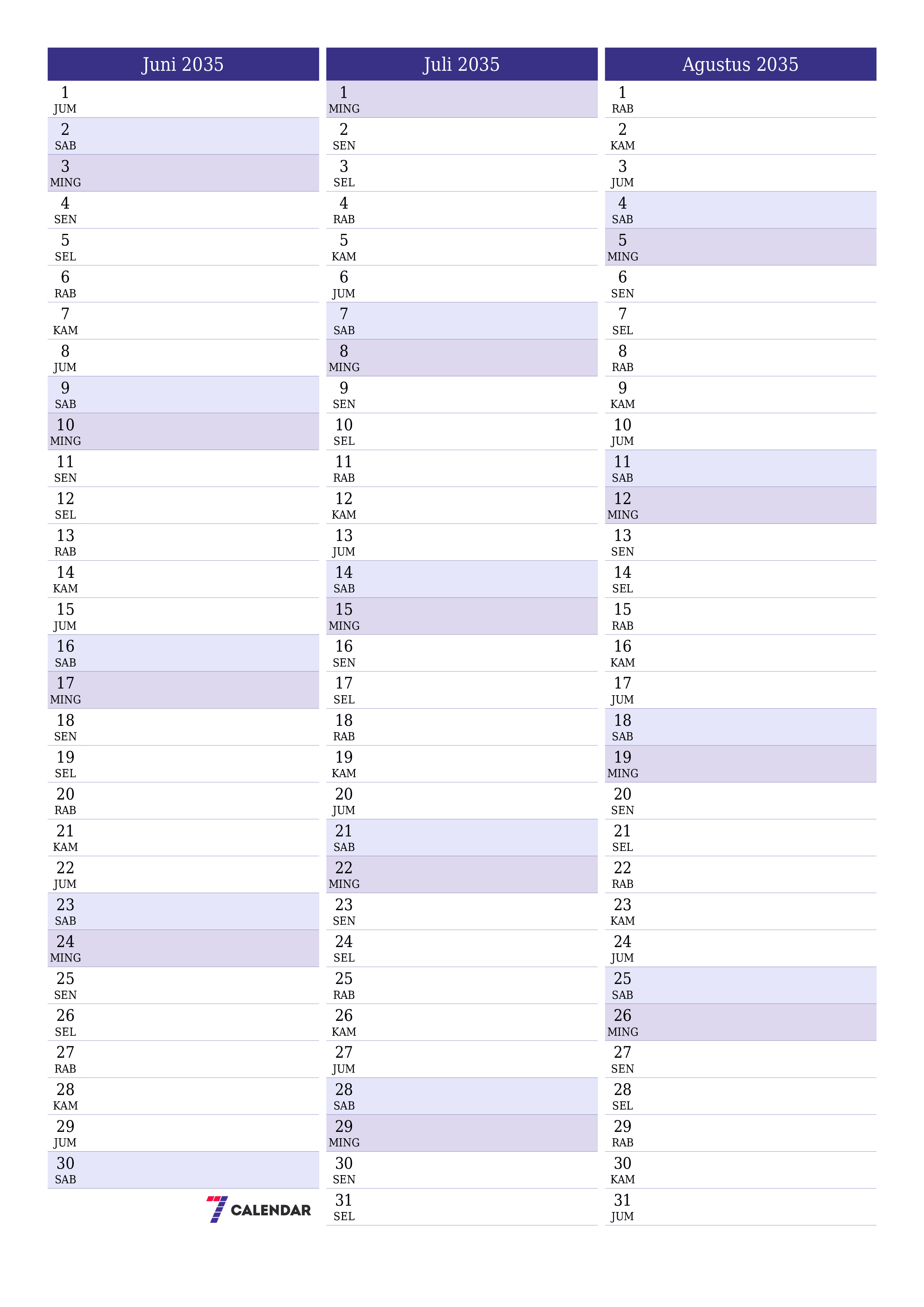  yang dapat dicetak dinding templat gratisvertikal Bulanan perencana kalender Juni (Jun) 2035