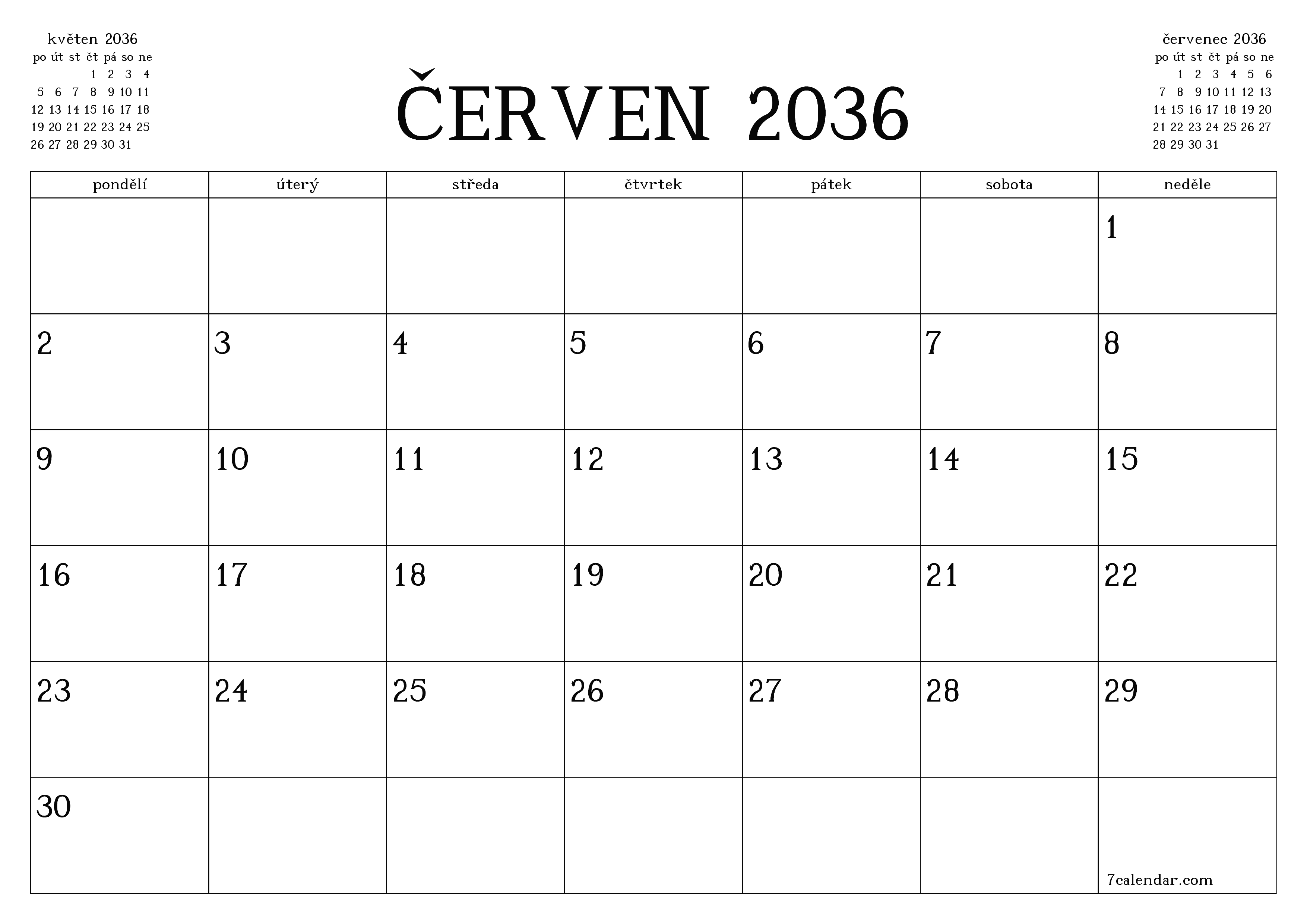 Vyprázdnit měsíční plánovač na měsíc červen 2036 s poznámkami, uložit a vytisknout do PDF PNG Czech