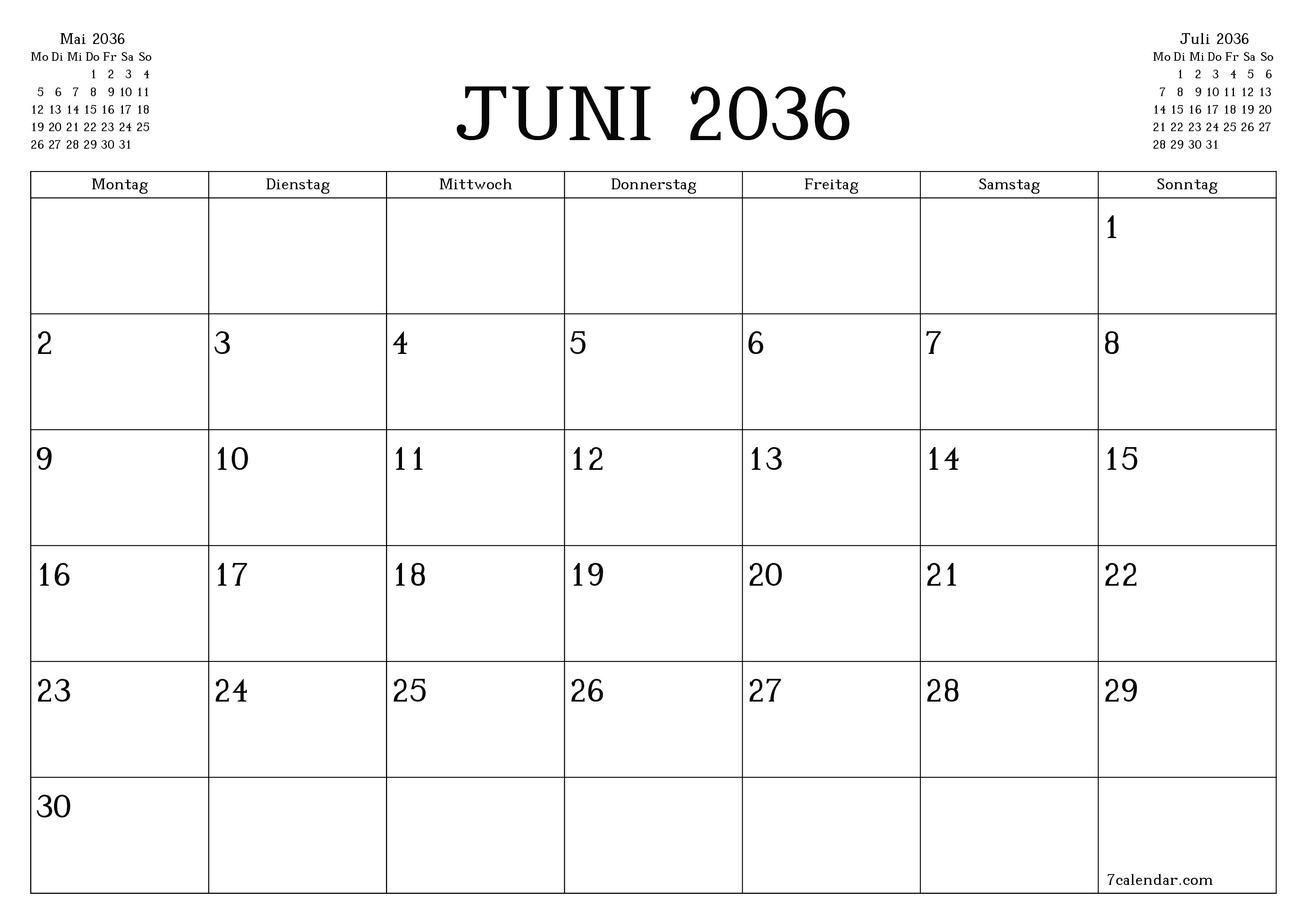 Monatsplaner für Monat Juni 2036 mit Notizen leeren, speichern und als PDF PNG German - 7calendar.com drucken