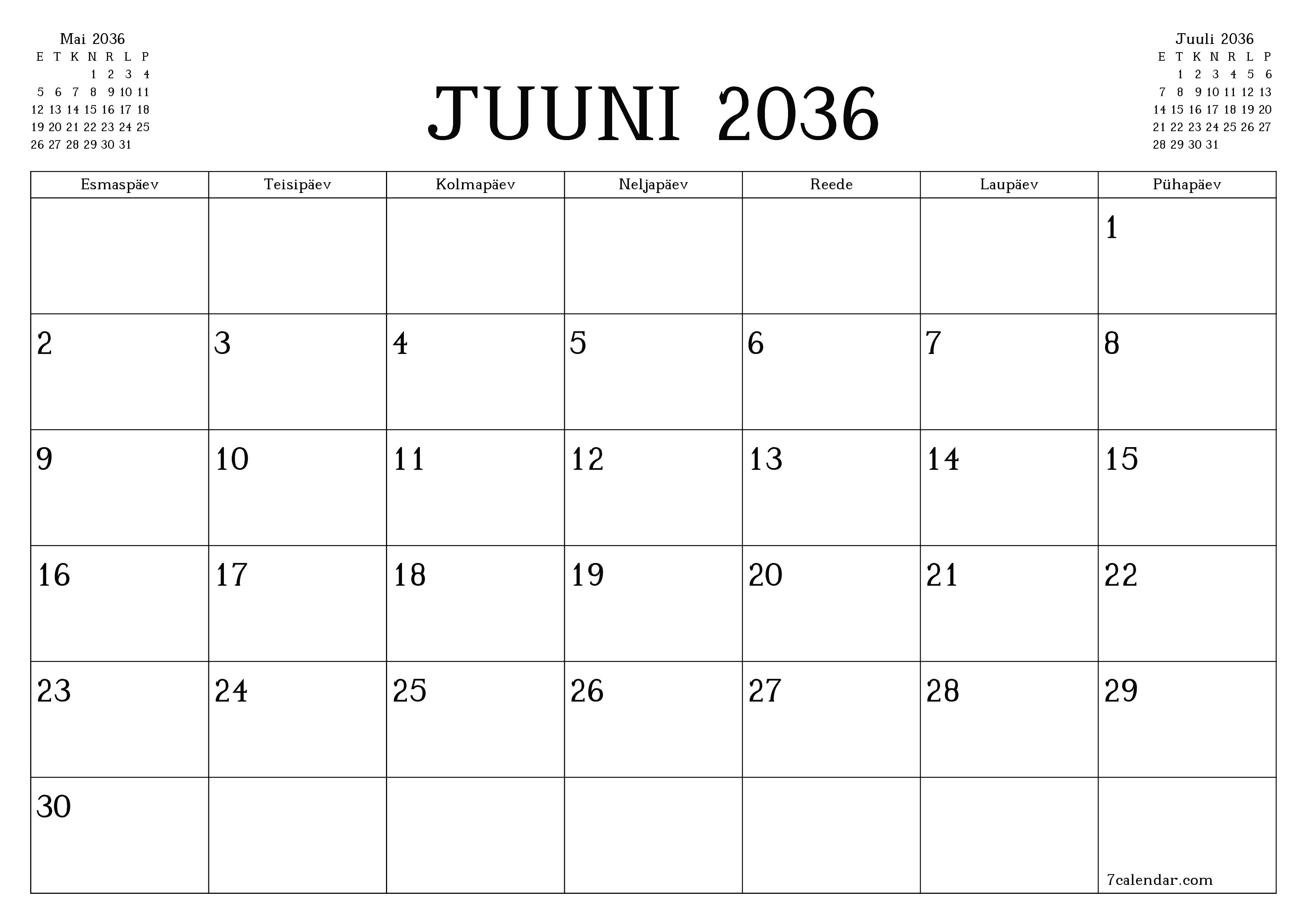 Tühjendage kuu Juuni 2036 kuuplaneerija märkmetega, salvestage ja printige PDF-i PNG Estonian