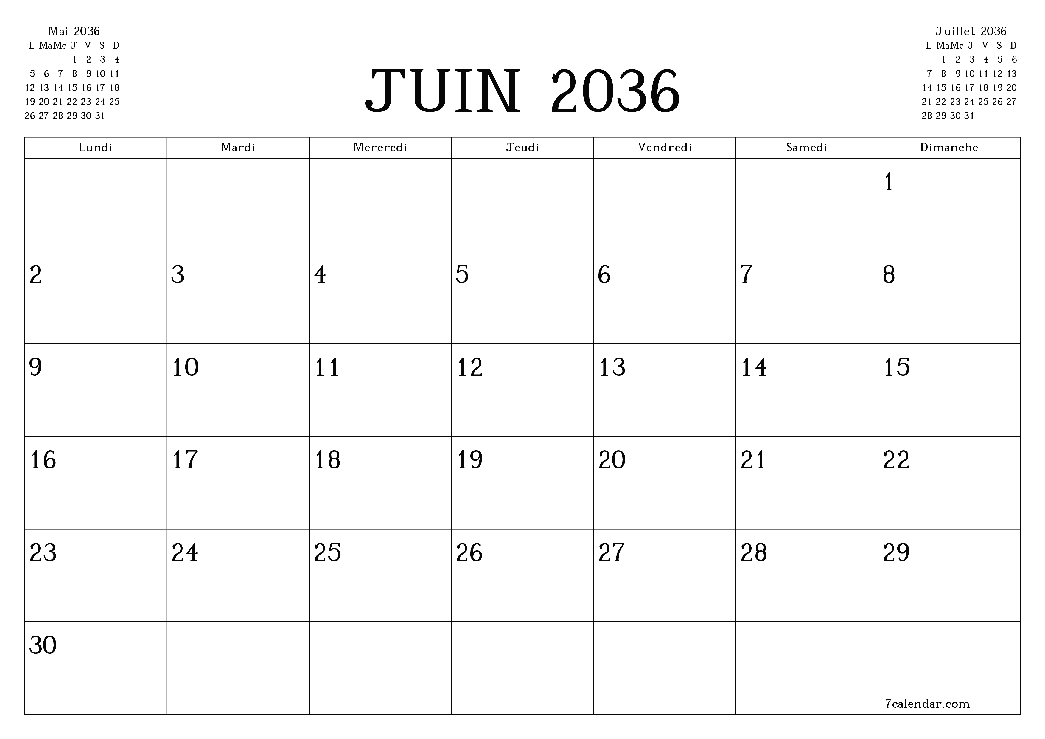 Agenda mensuel vide pour le mois Juin 2036 avec notes, enregistrez et imprimez au format PDF PNG French