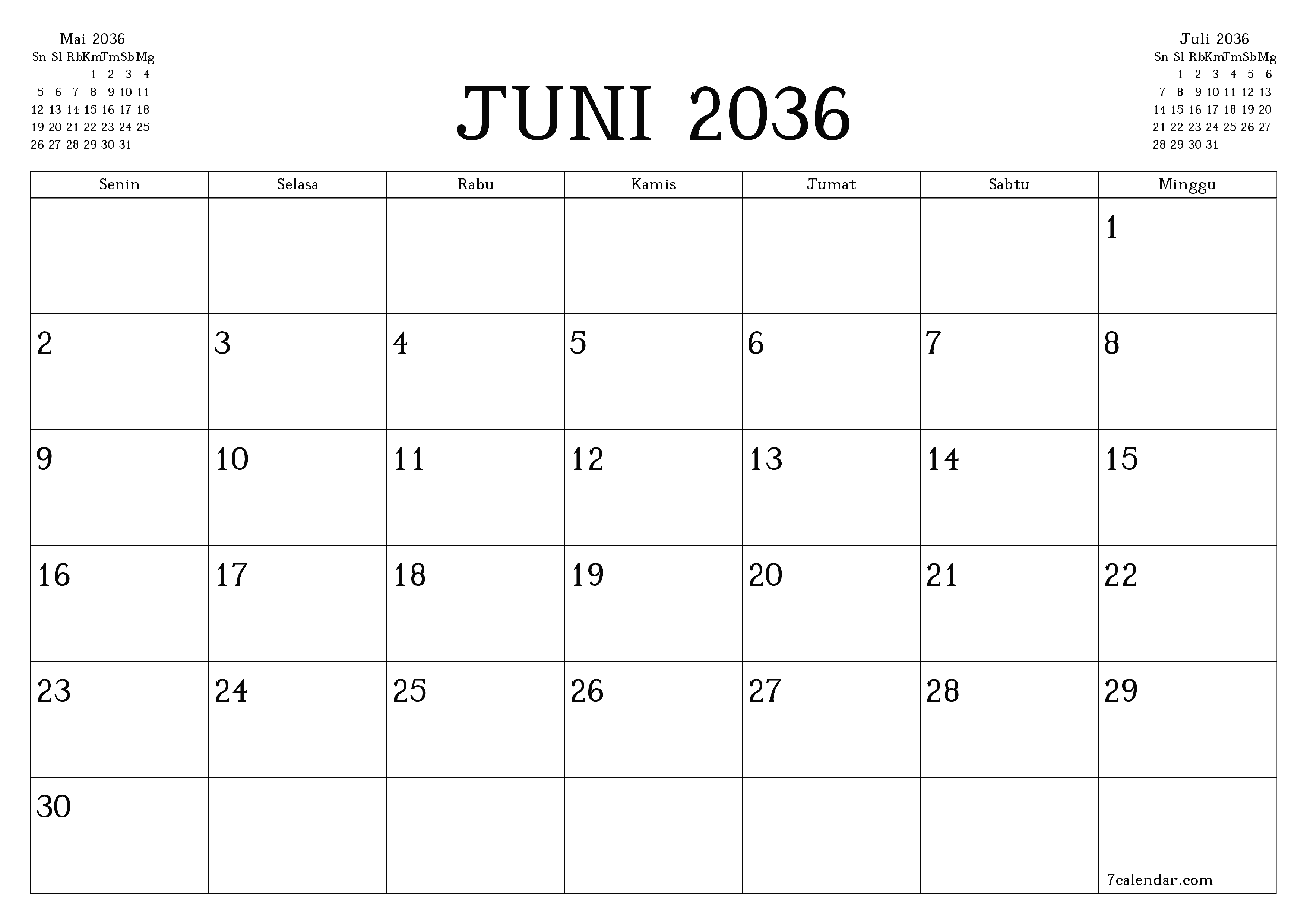 Kosongkan agenda bulanan untuk bulan Juni 2036 dengan catatan, simpan dan cetak ke PDF PNG Indonesian