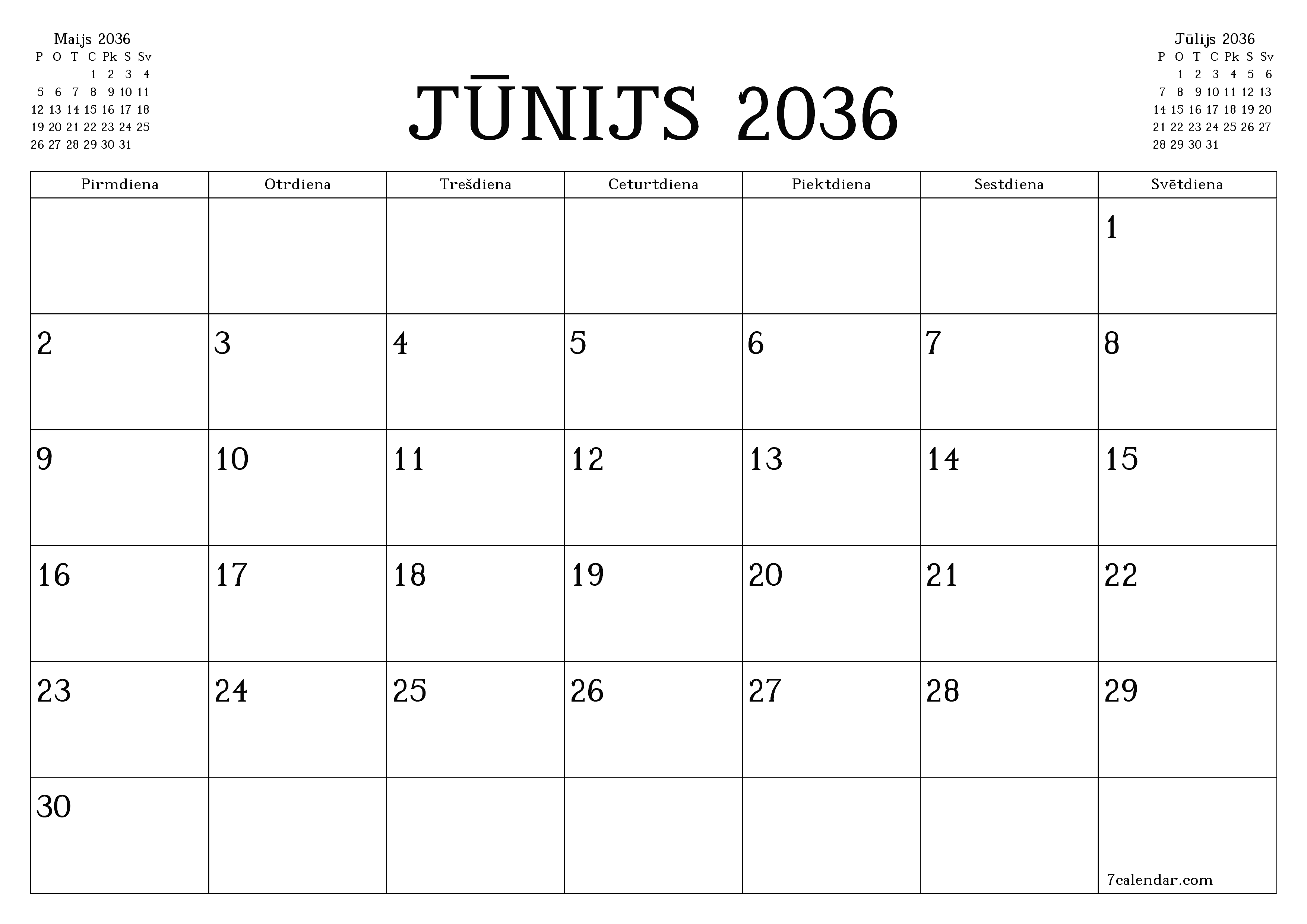 Iztukšot mēneša plānotāju mēnesim Jūnijs 2036 ar piezīmēm, saglabāt un izdrukāt PDF formātā PNG Latvian