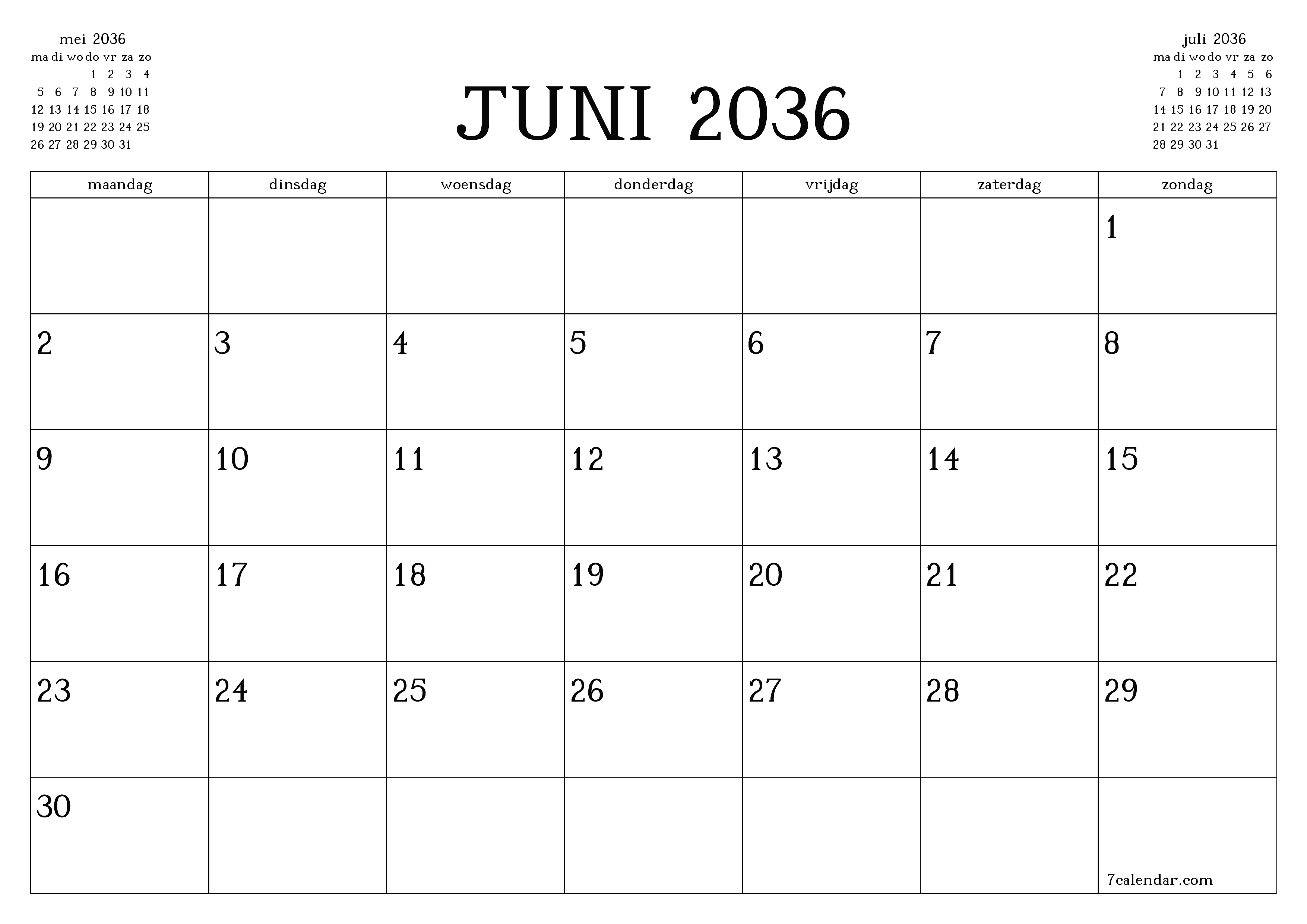 Lege maandplanner voor maand juni 2036 met notities, opslaan en afdrukken naar pdf PNG Dutch