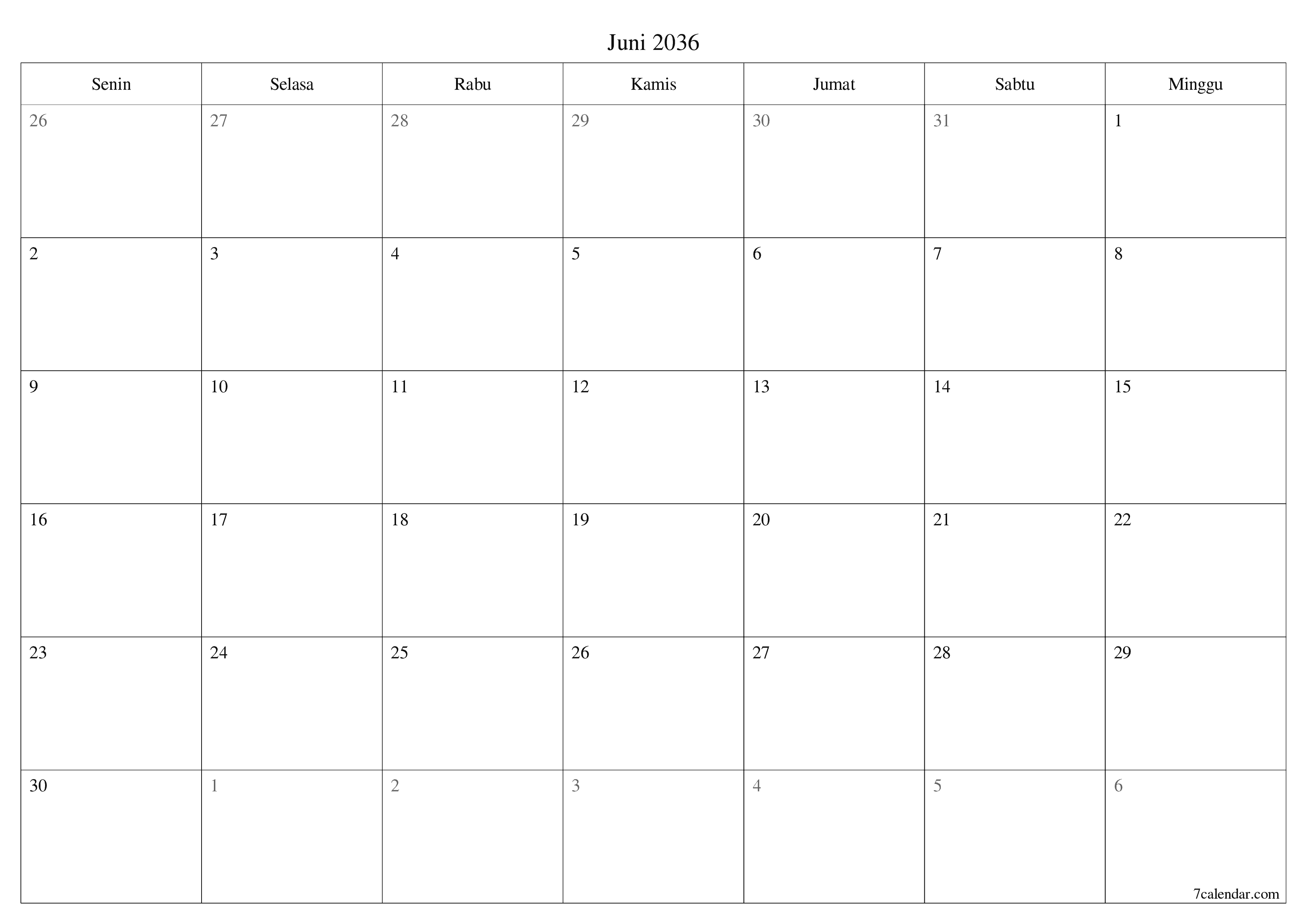 Kosongkan agenda bulanan untuk bulan Juni 2036 dengan catatan, simpan dan cetak ke PDF PNG Indonesian