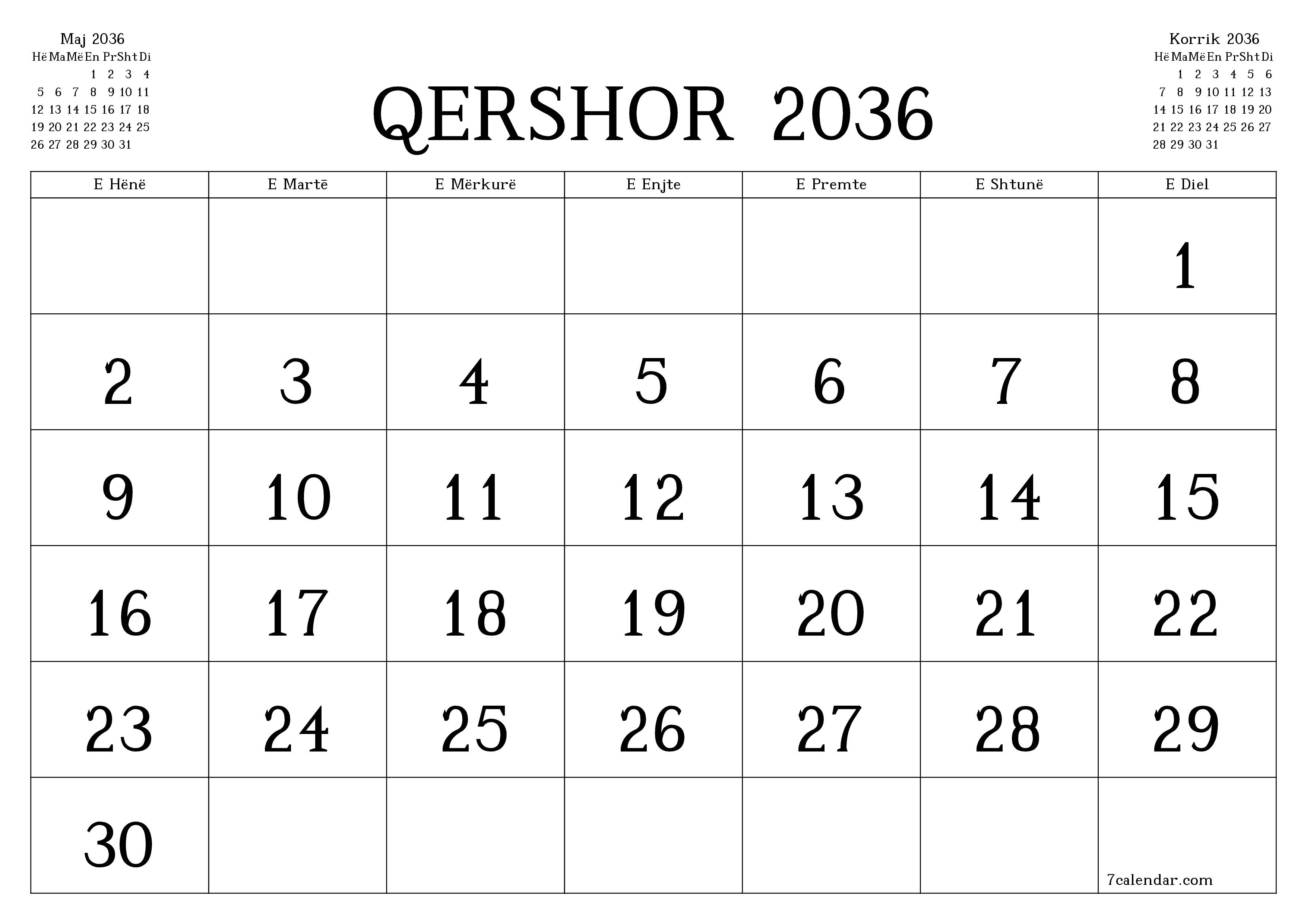 Planifikuesi i zbrazët i kalendarit mujor për muajin Qershor 2036 me shënime të ruajtura dhe të printuara në PDF PNG Albanian