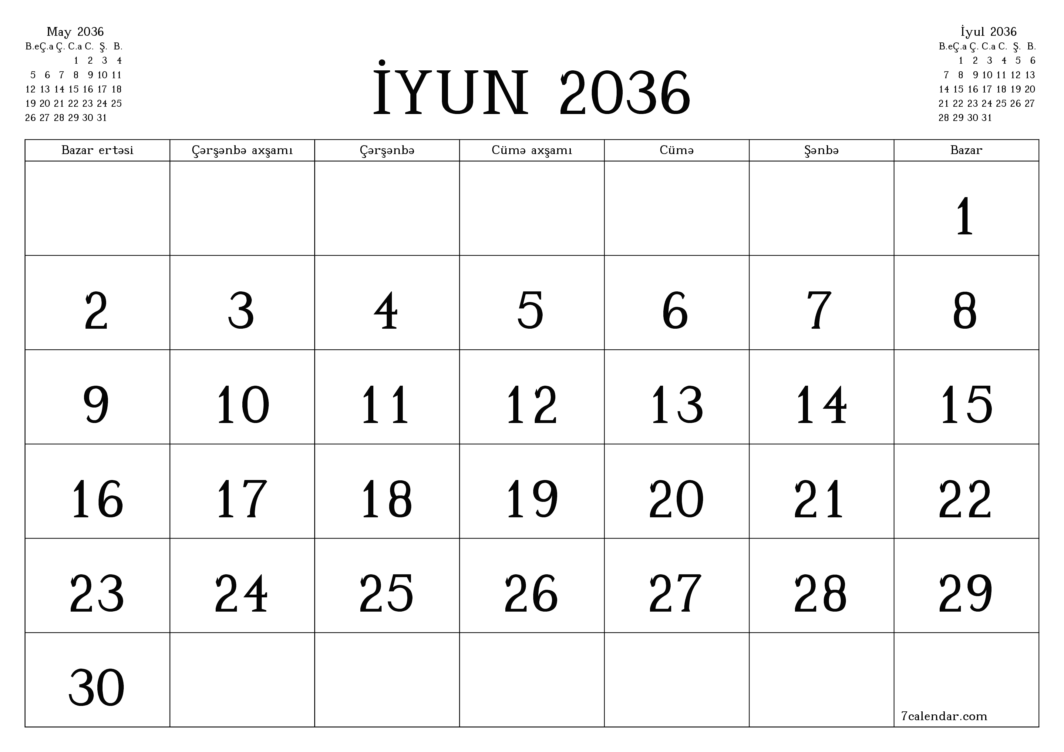 İyun 2036 ayı üçün qeydlər ilə boş aylıq planlayıcı, qeyd edin və PDF-ə yazdırın PNG Azerbaijani
