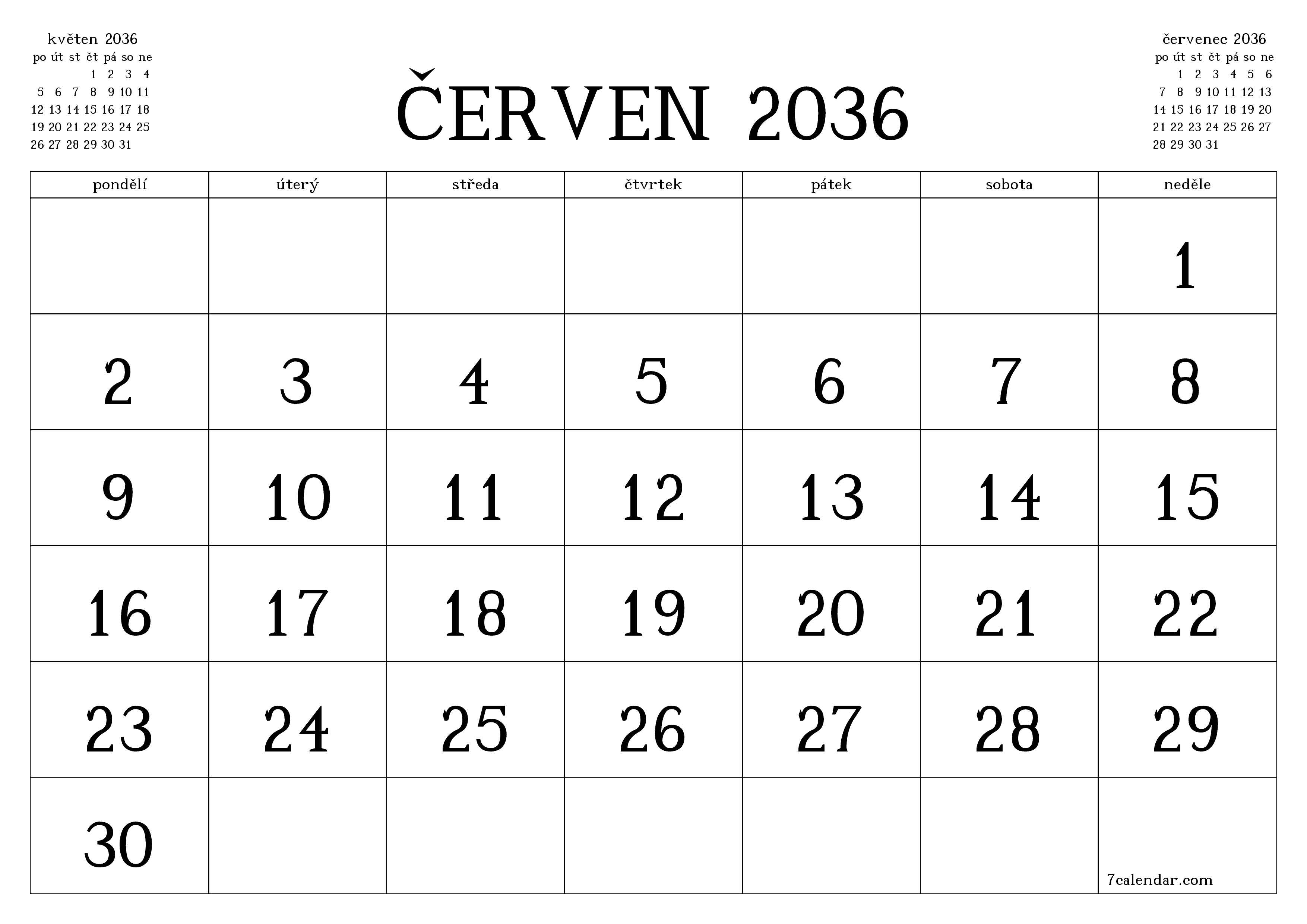  pro tisk nástěnný šablona e zdarmahorizontální Měsíční kalendář červen (čvn) 2036
