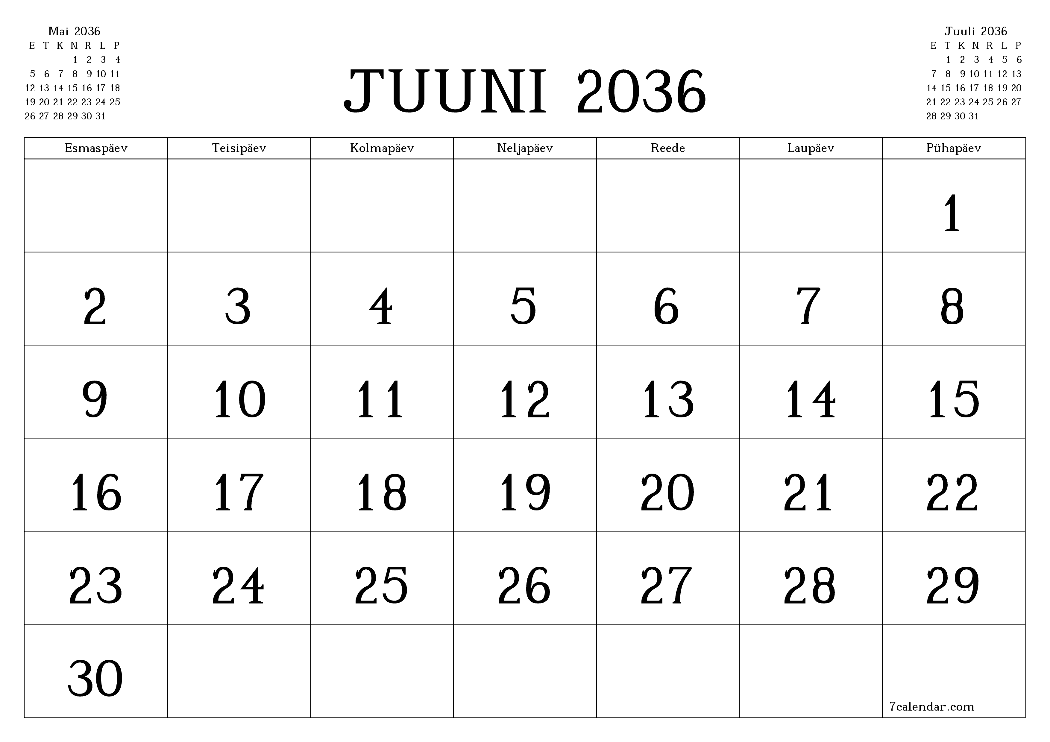 Tühjendage kuu Juuni 2036 kuuplaneerija märkmetega, salvestage ja printige PDF-i PNG Estonian