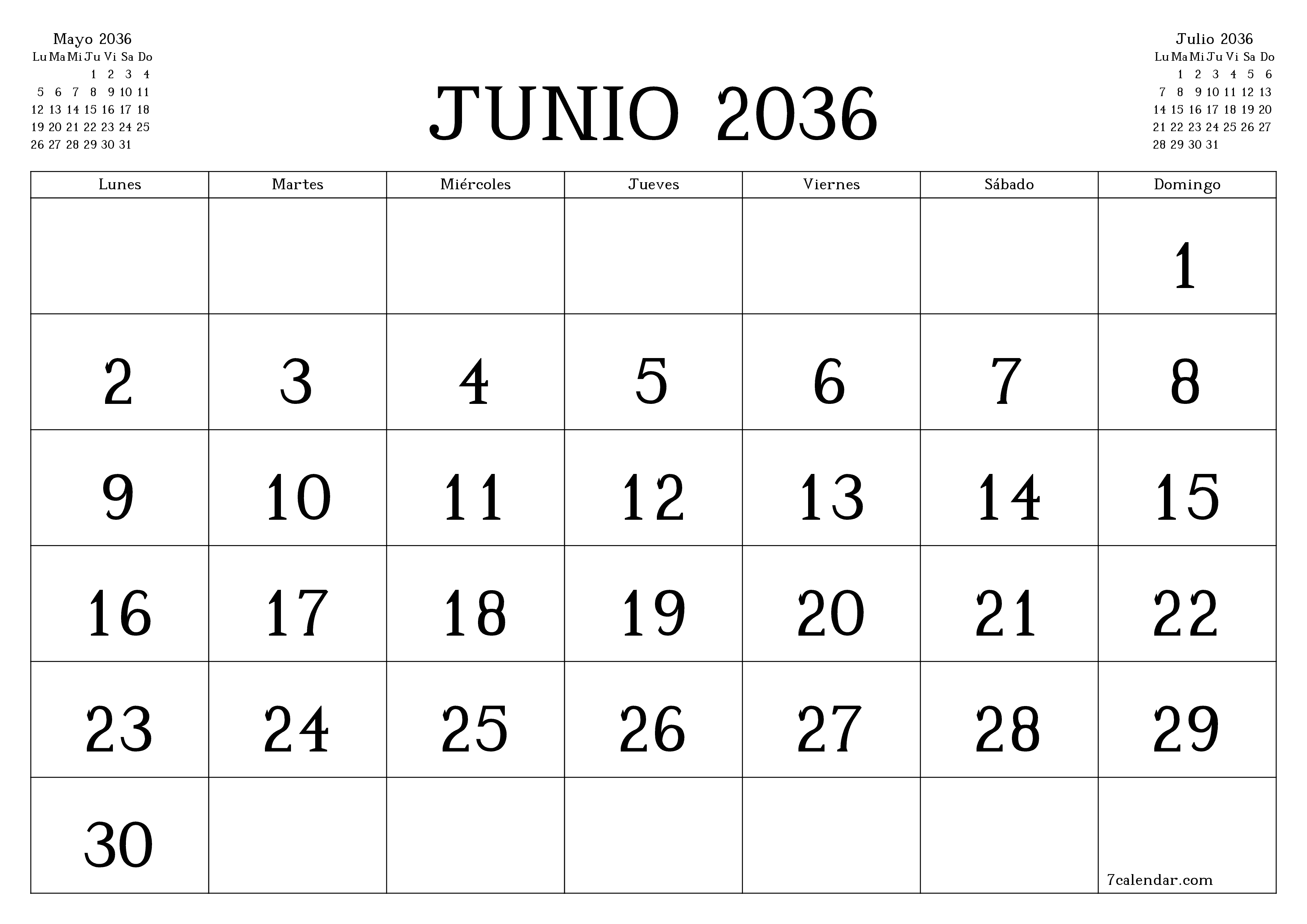 Planificador mensual vacío para el mes Junio 2036 con notas, guardar e imprimir en PDF PNG Spanish