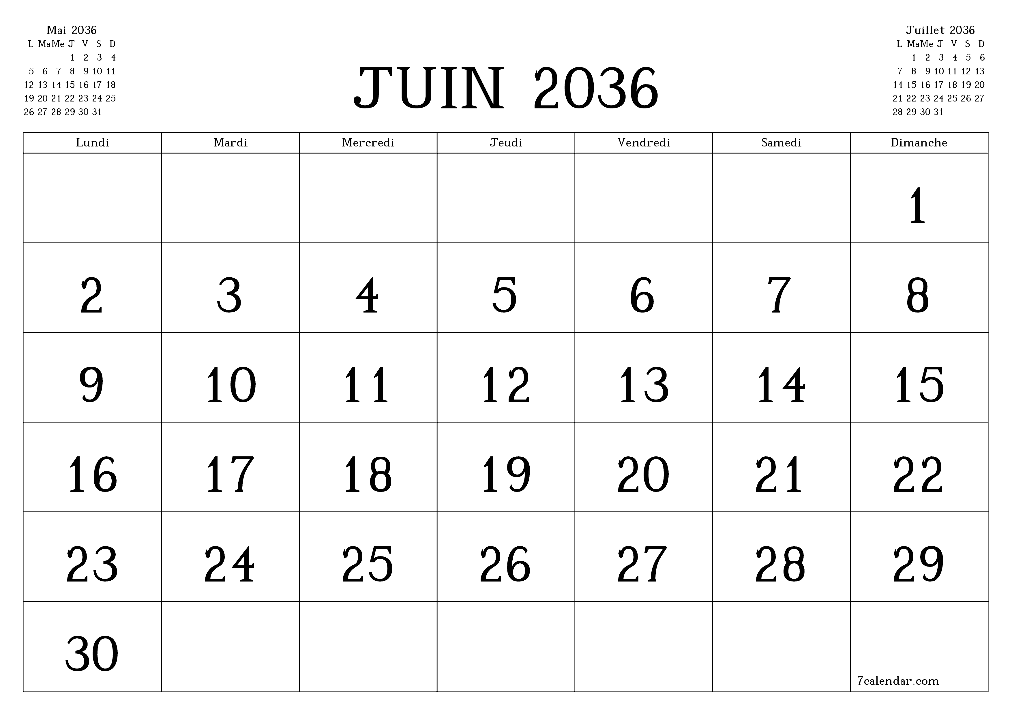Agenda mensuel vide pour le mois Juin 2036 avec notes, enregistrez et imprimez au format PDF PNG French