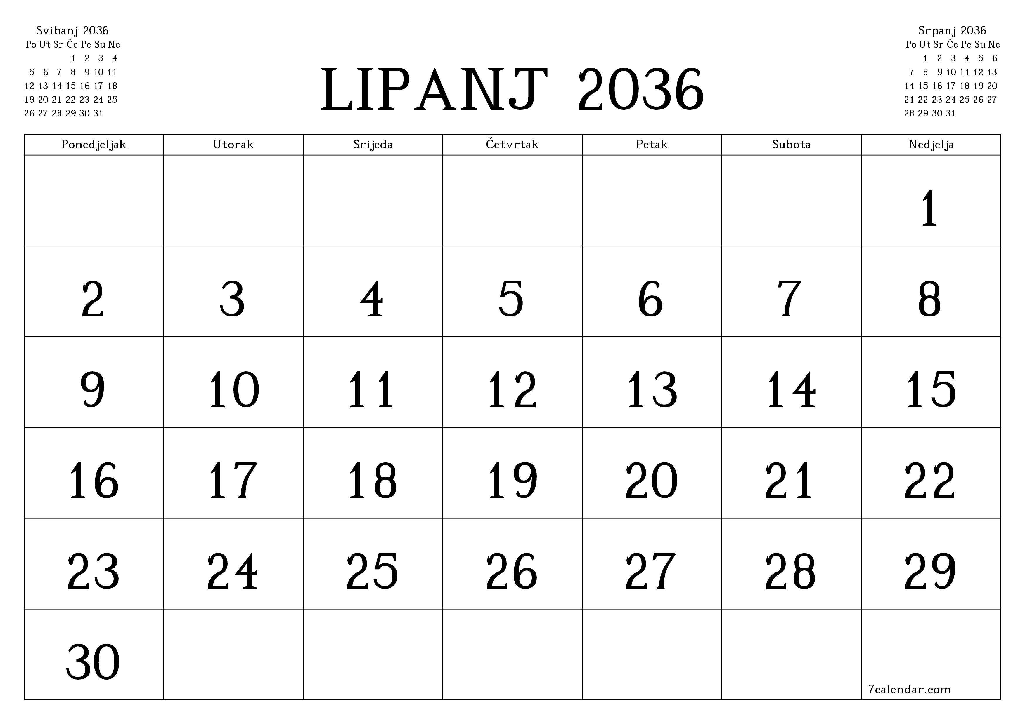 Ispraznite mjesečni planer za mjesec Lipanj 2036 s bilješkama, spremite i ispišite u PDF PNG Croatian