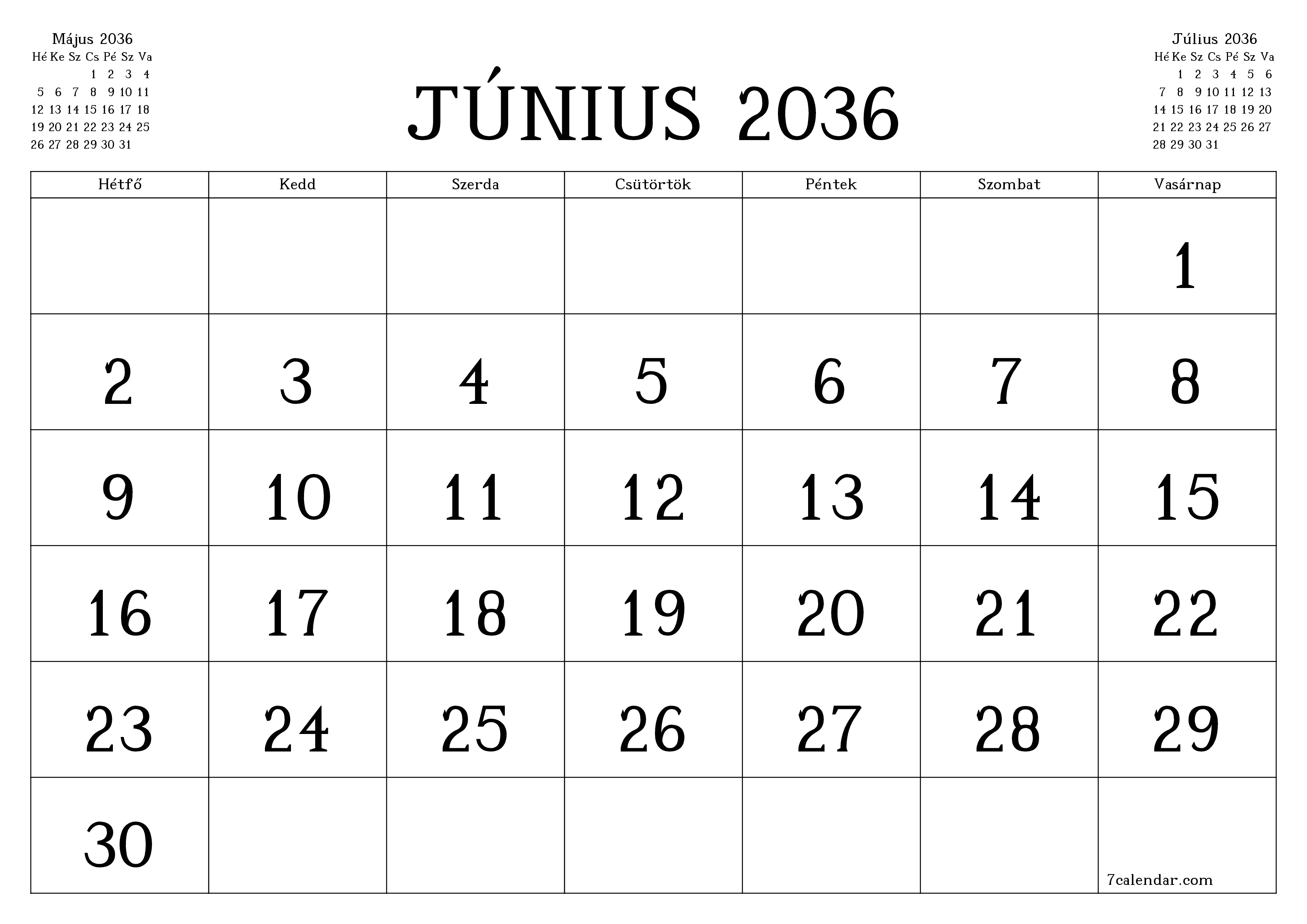 Üres havi tervező a Június 2036 hónapra jegyzetekkel, mentés és nyomtatás PDF-be PNG Hungarian