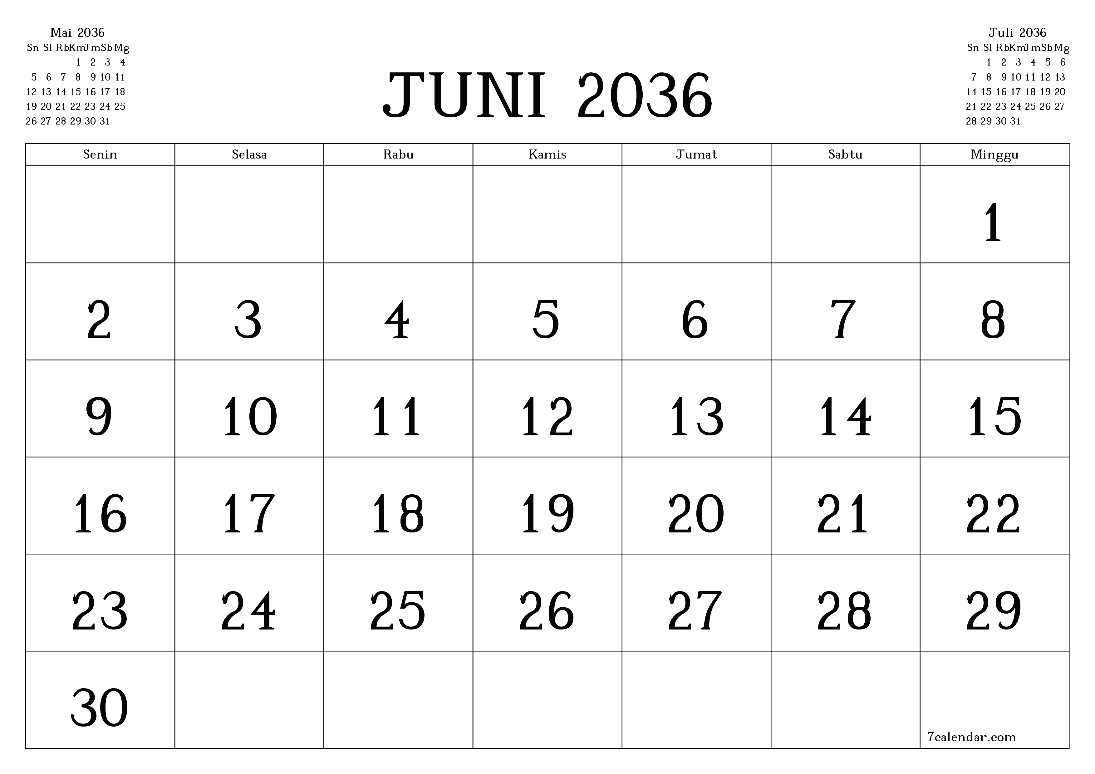 Kosongkan agenda bulanan untuk bulan Juni 2036 dengan catatan, simpan dan cetak ke PDF PNG Indonesian