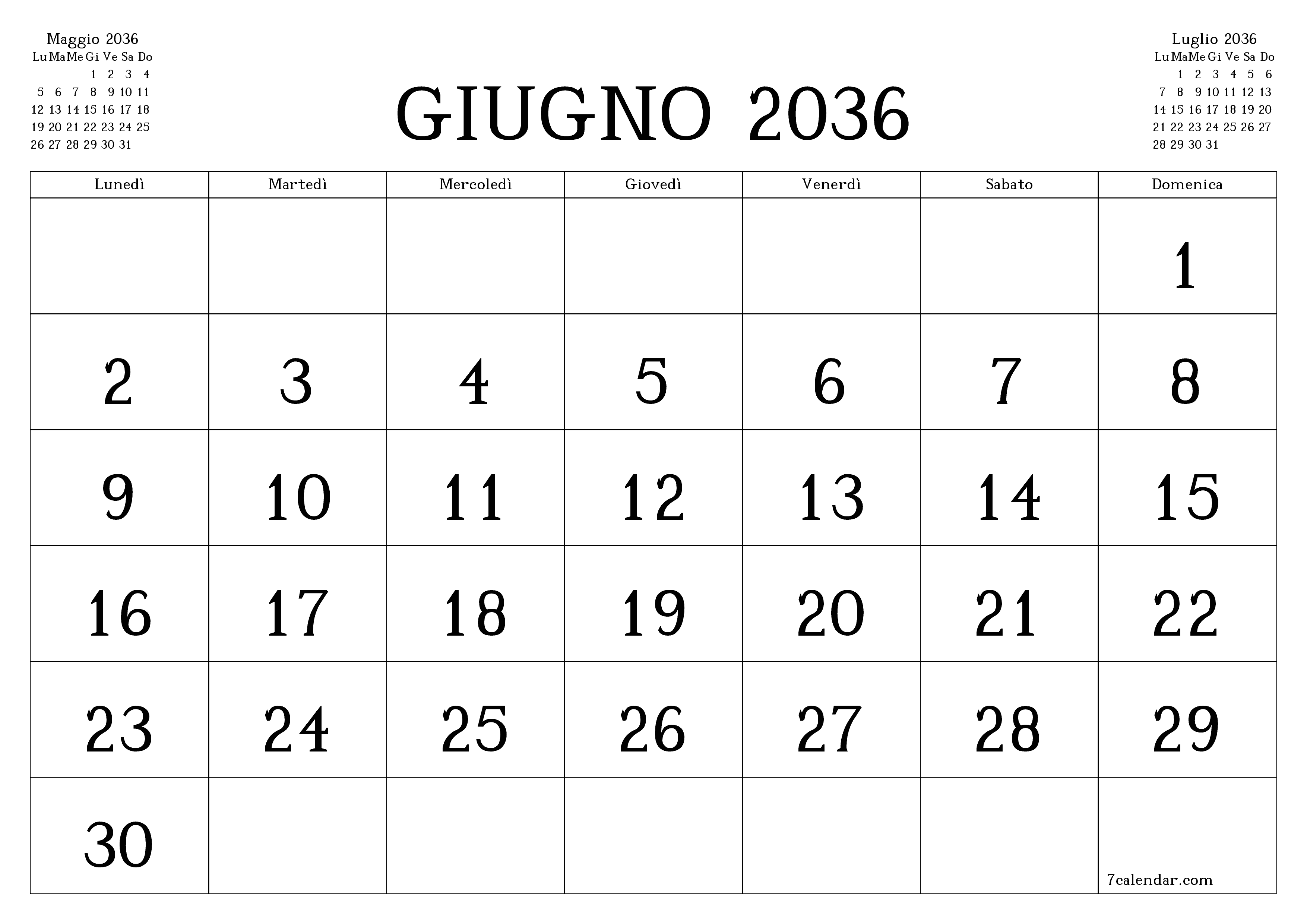 Pianificatore mensile vuoto per il mese Giugno 2036 con note, salva e stampa in PDF PNG Italian