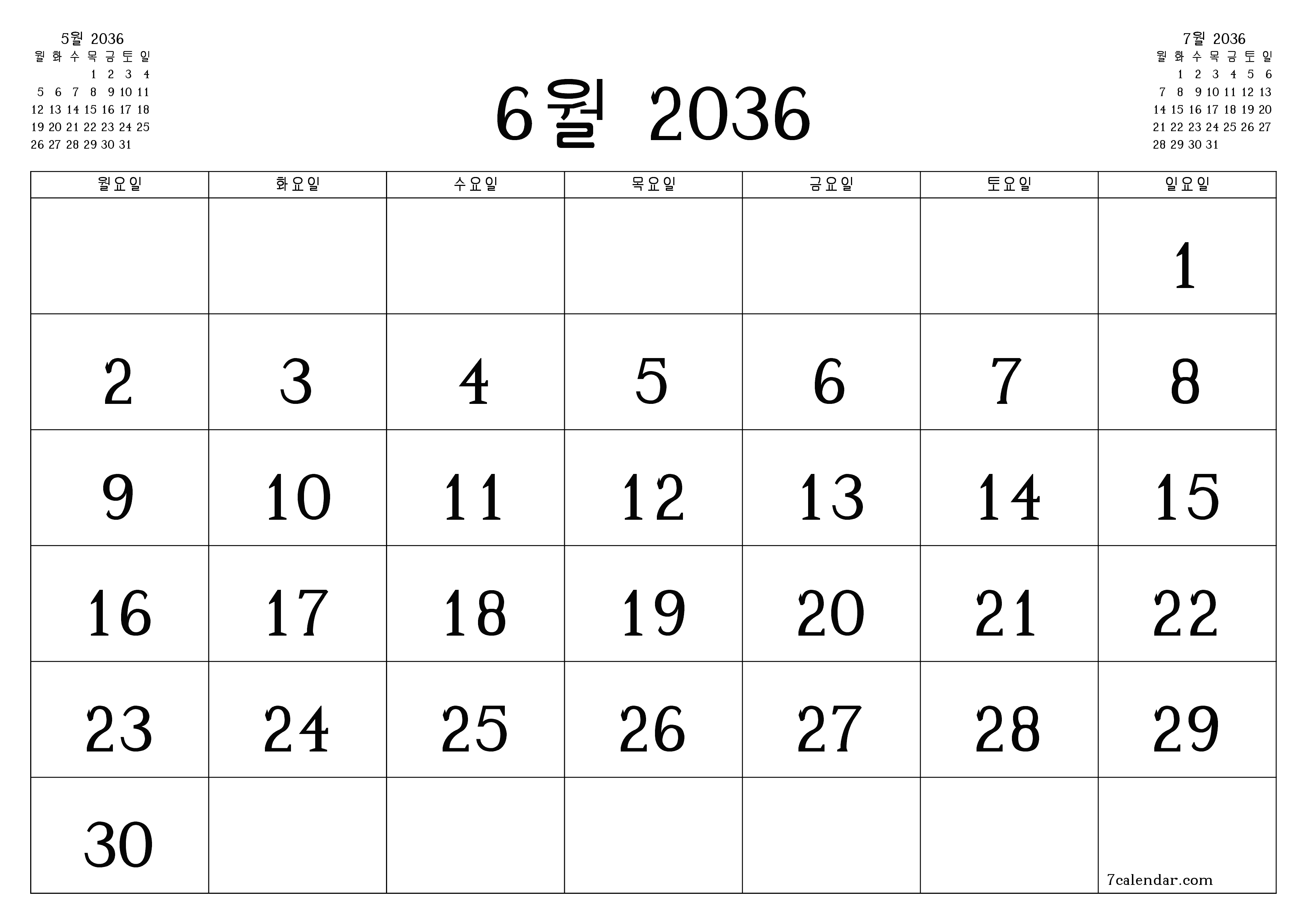 메모가있는 6월 2036 월의 월간 플래너 비우기, PDF PNG Korean-7calendar.com으로 저장 및 인쇄