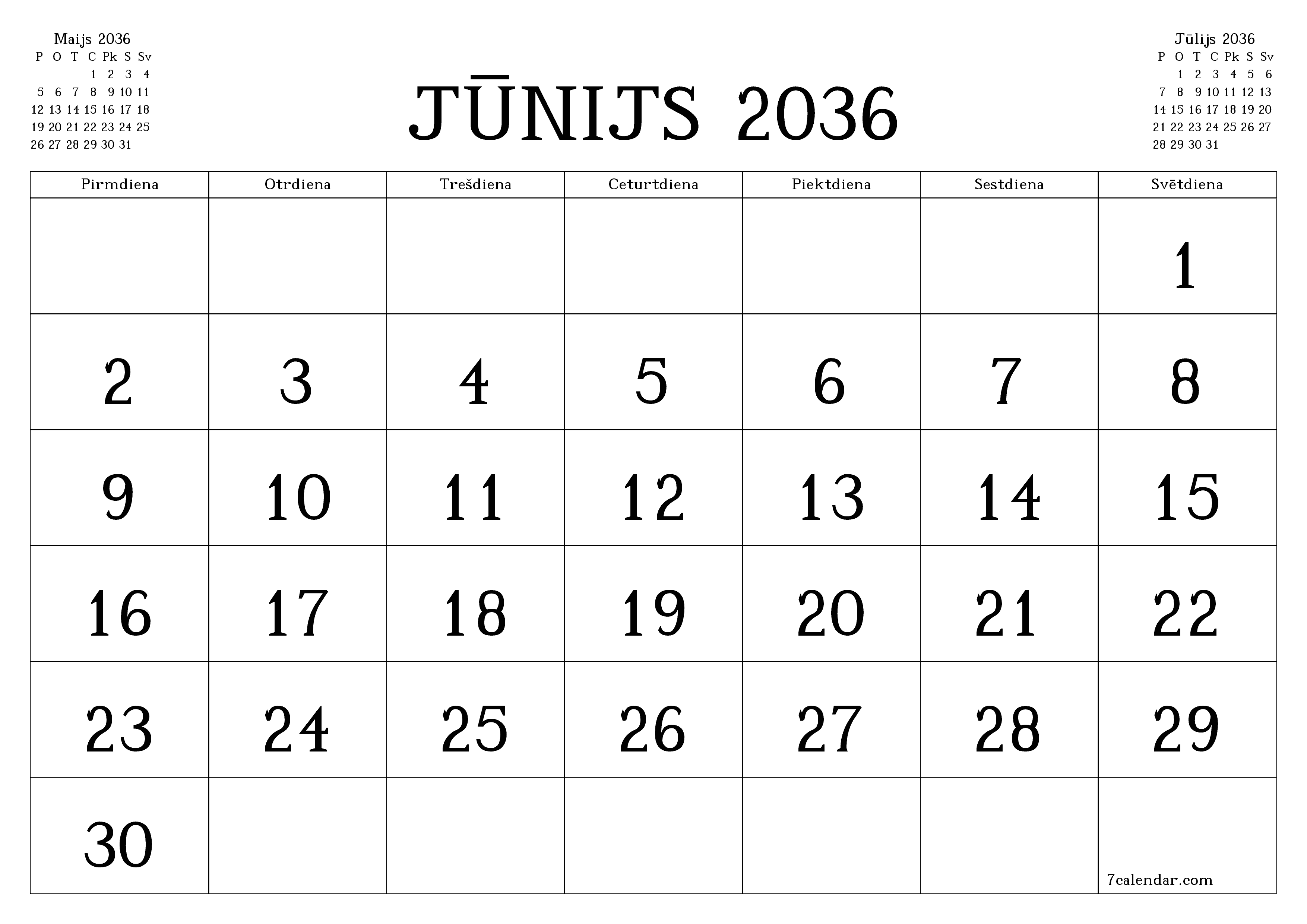 Iztukšot mēneša plānotāju mēnesim Jūnijs 2036 ar piezīmēm, saglabāt un izdrukāt PDF formātā PNG Latvian