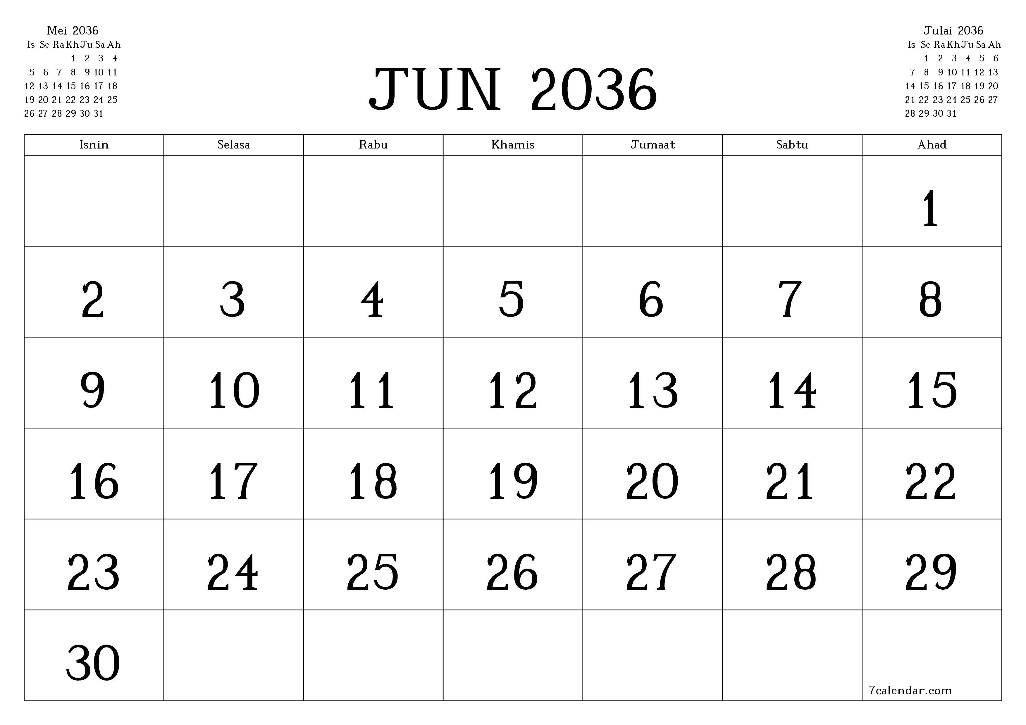 Perancang bulanan kosong untuk bulan Jun 2036 dengan nota, simpan dan cetak ke PDF PNG Malay