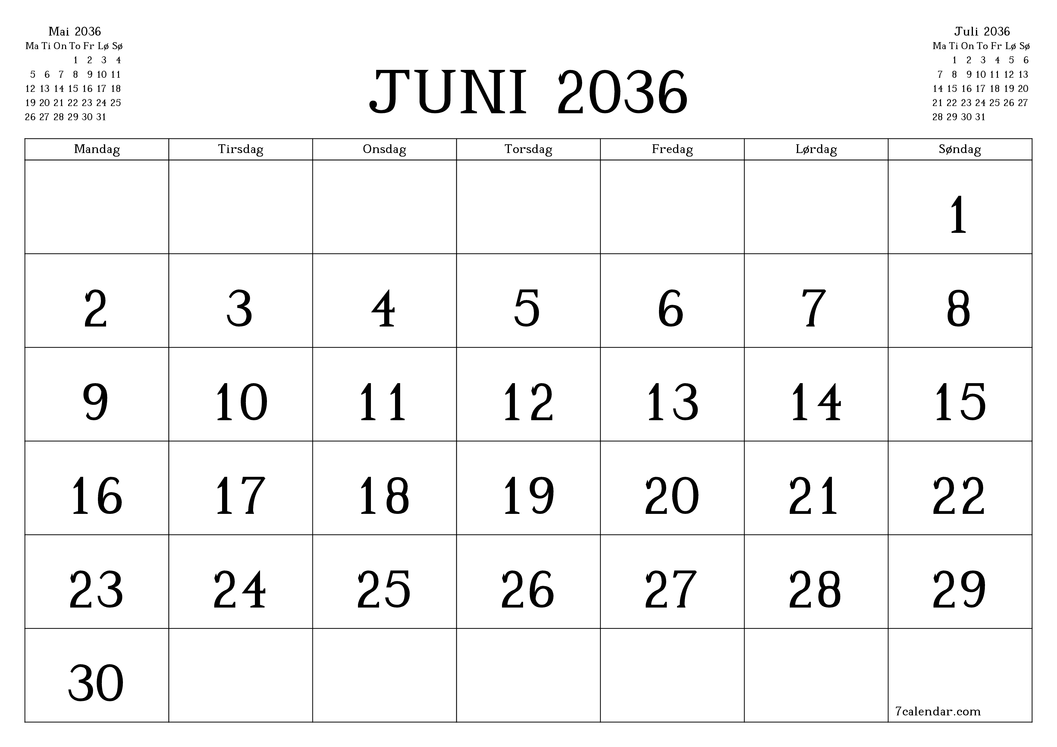 Tom månedlig planlegger for måned Juni 2036 med notater, lagre og skriv ut til PDF PNG Norwegian