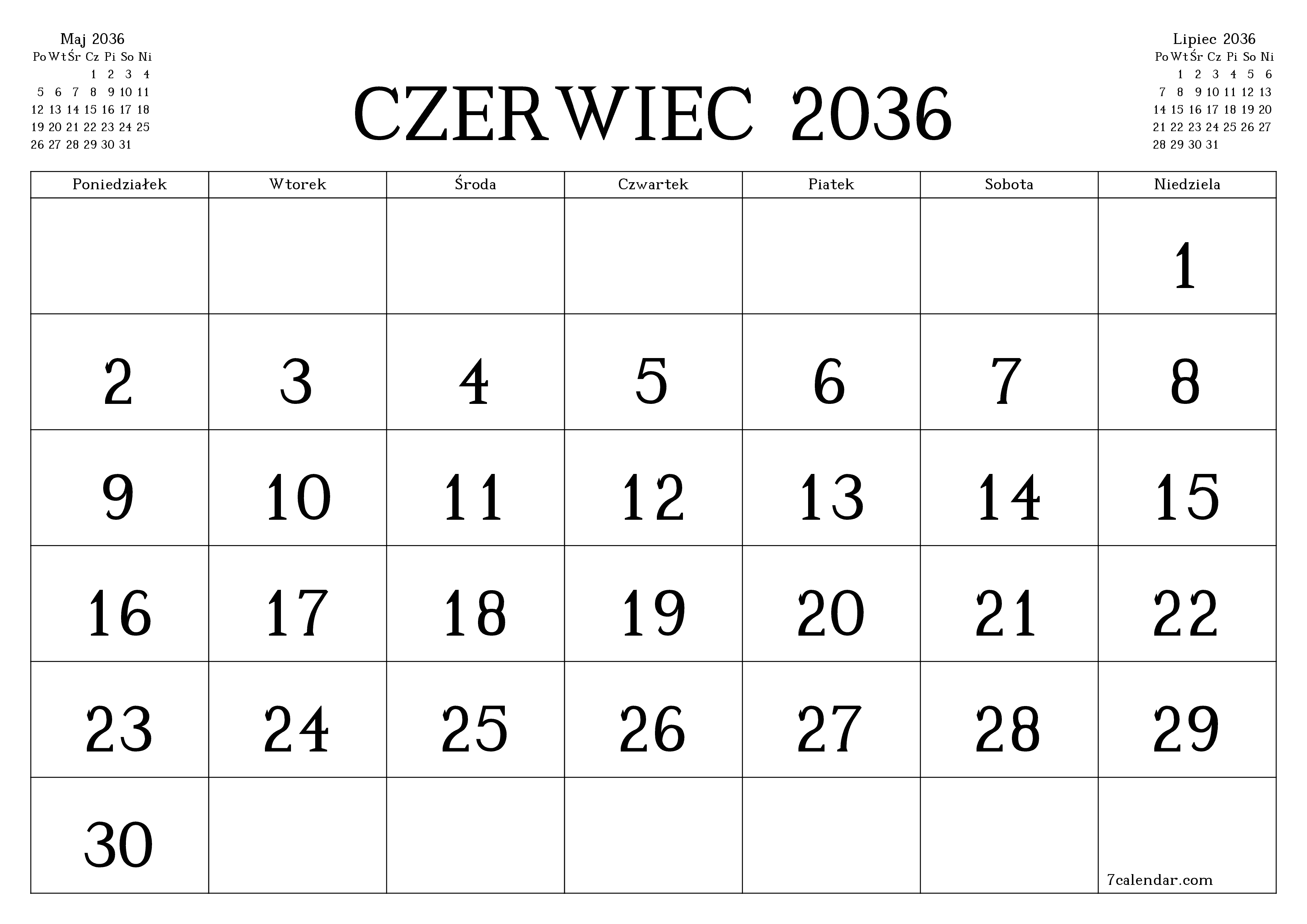 Opróżnij miesięczny planer na miesiąc Czerwiec 2036 z notatkami, zapisz i wydrukuj w formacie PDF PNG Polish