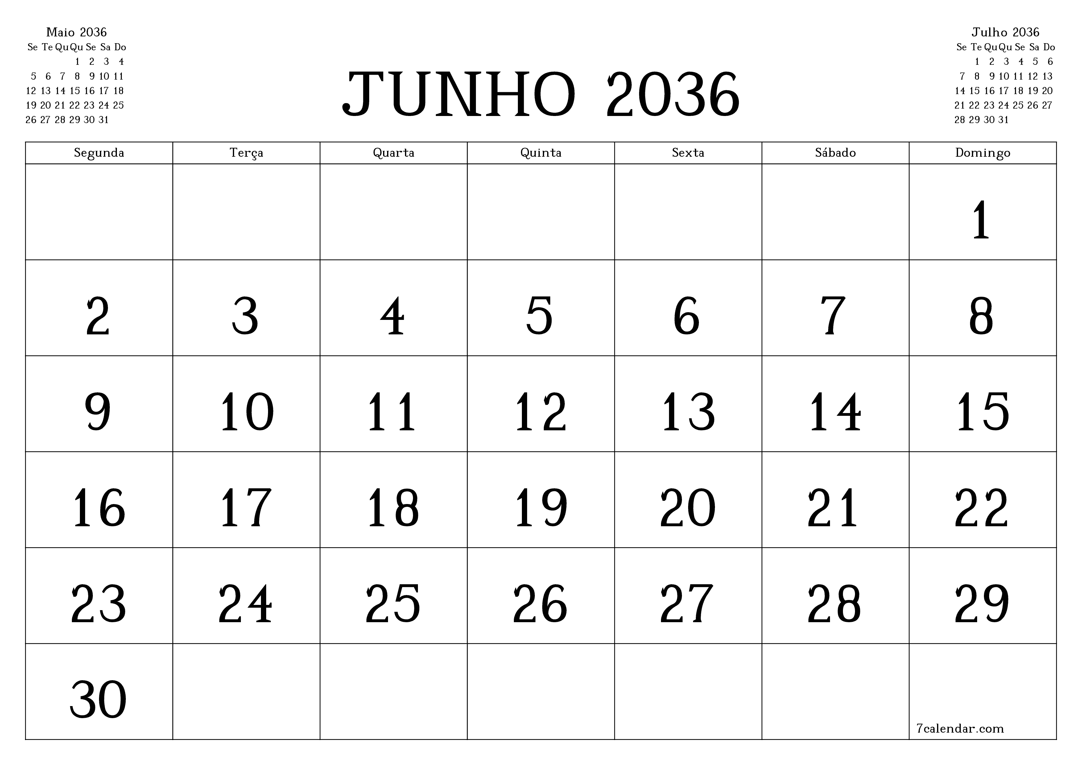 Esvazie o planejador mensal para o mês Junho 2036 com notas, salve e imprima em PDF PNG Portuguese
