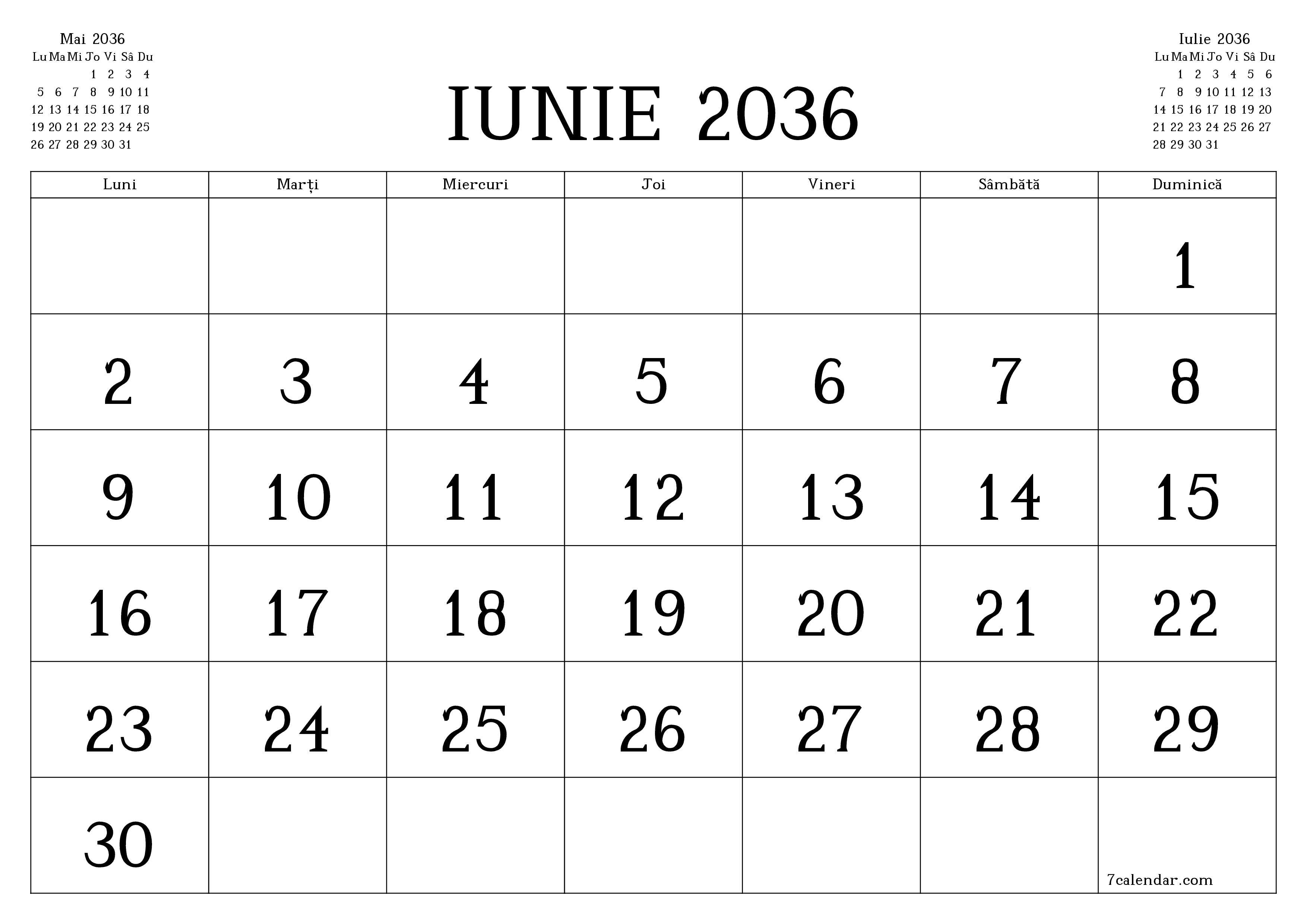 Planificator lunar gol pentru luna Iunie 2036 cu note, salvați și tipăriți în PDF PNG Romanian