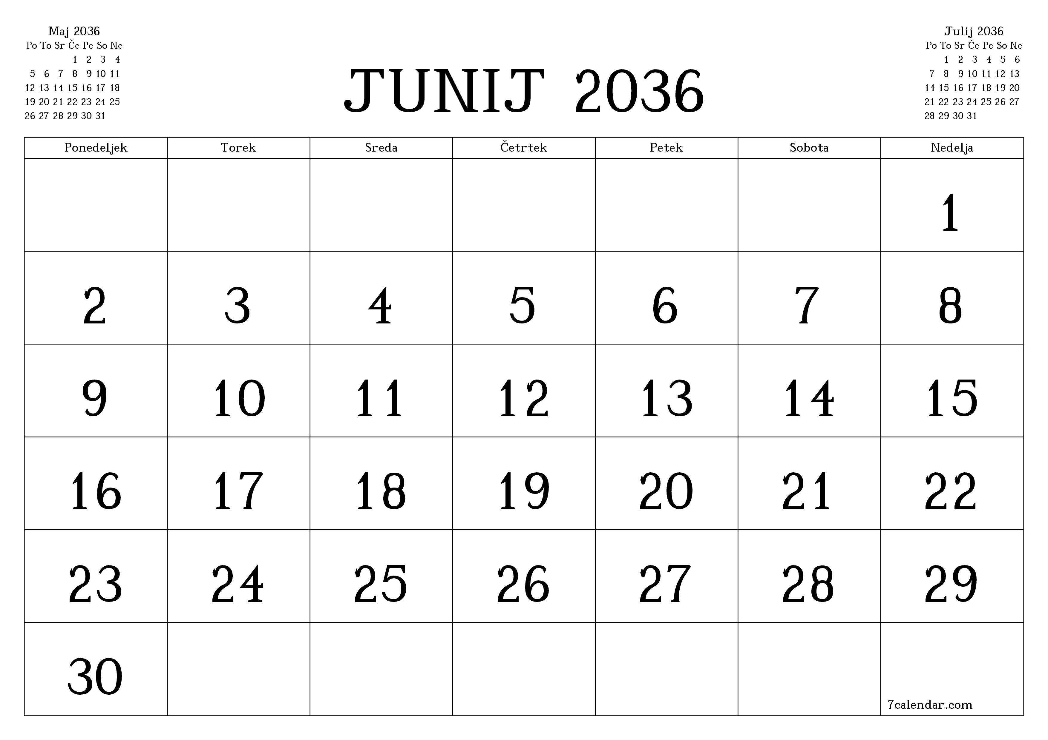 Prazen mesečni načrtovalec koledarja za mesec Junij 2036 z opombami, natisnjenimi v PDF PNG Slovenian