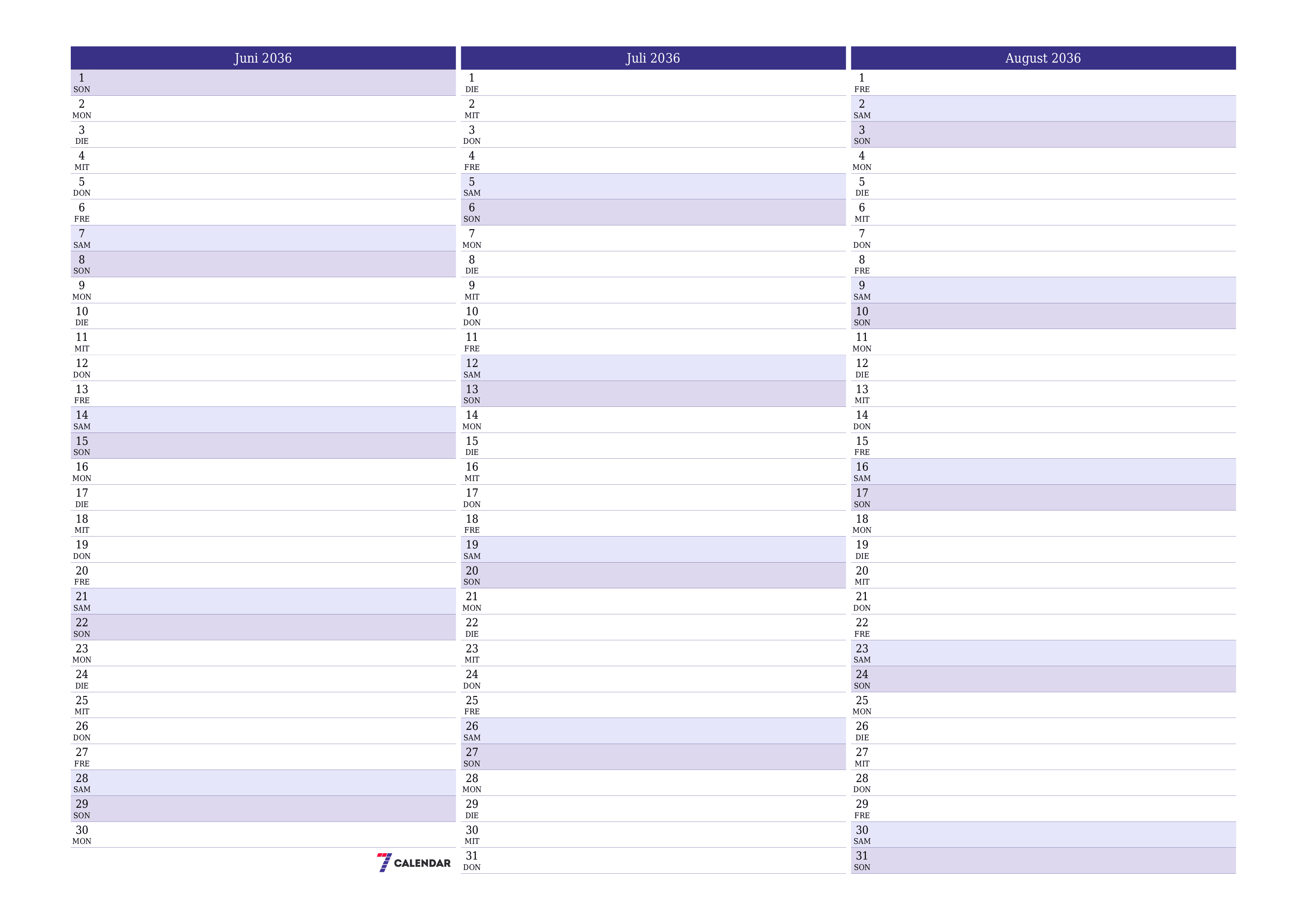 Monatsplaner für Monat Juni 2036 mit Notizen leeren, speichern und als PDF PNG German - 7calendar.com drucken