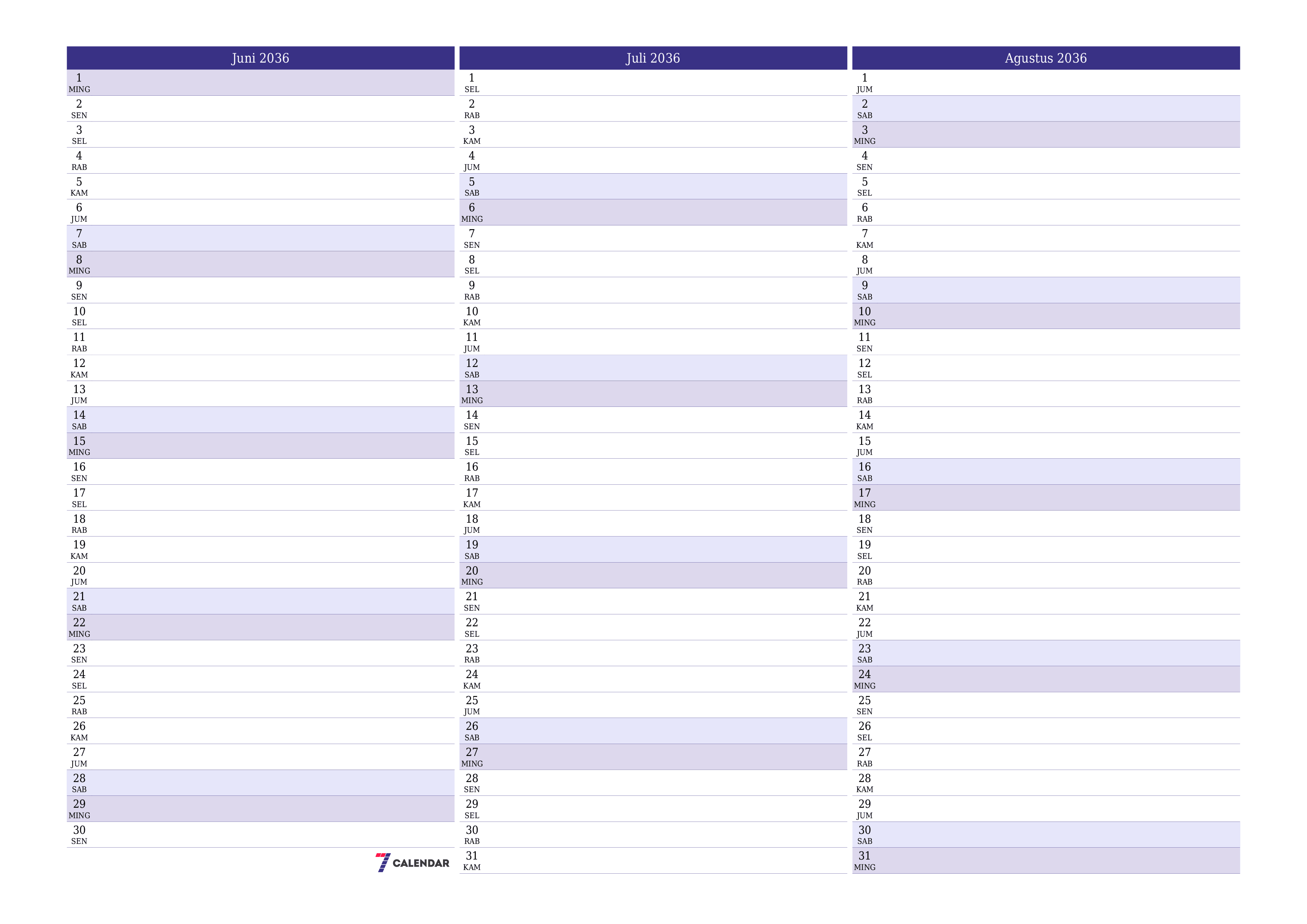 Kosongkan agenda bulanan untuk bulan Juni 2036 dengan catatan, simpan dan cetak ke PDF PNG Indonesian
