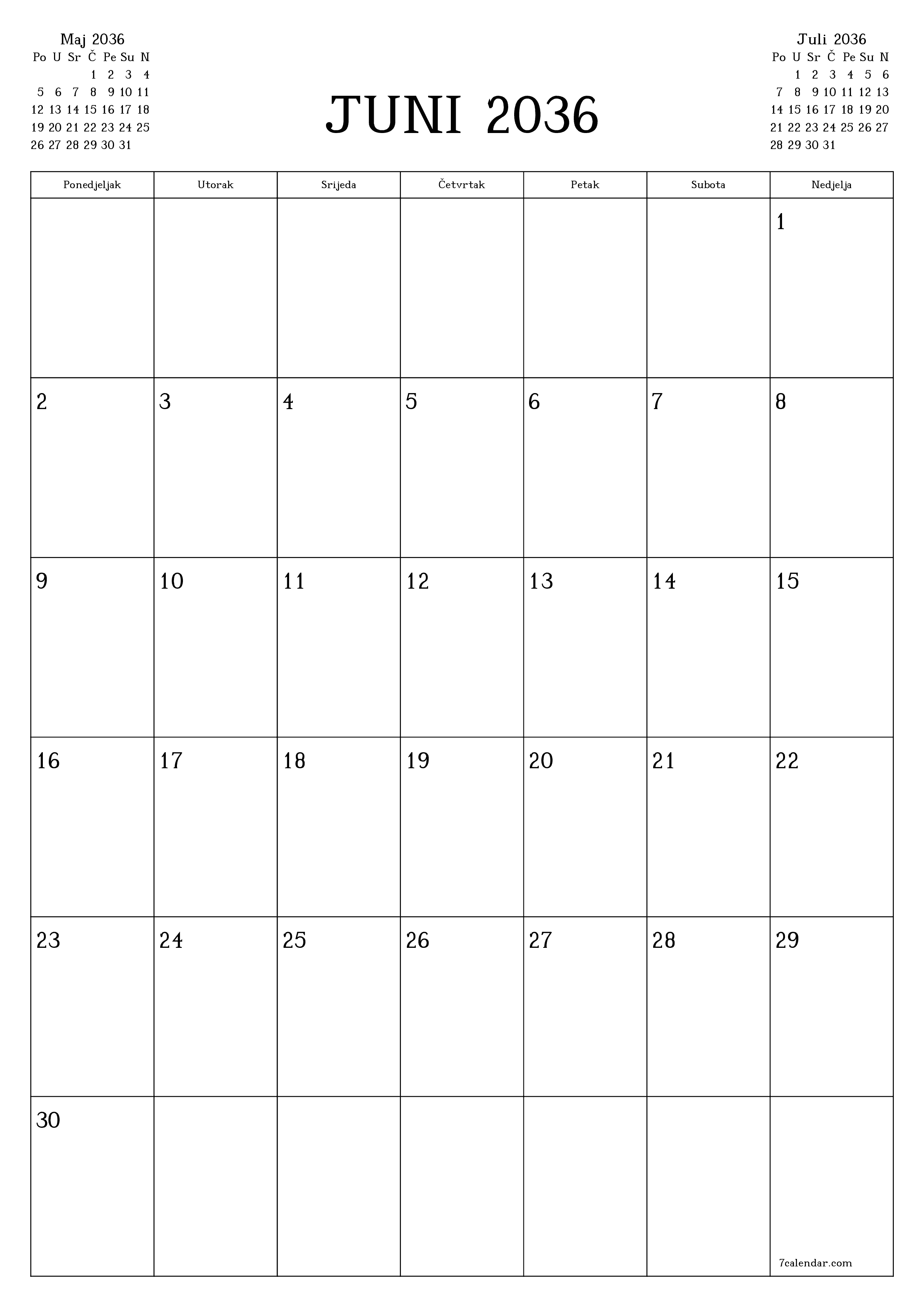  za štampanje zidni šablon a besplatni vertikalno Mjesečno planer kalendar Juni (Jun) 2036