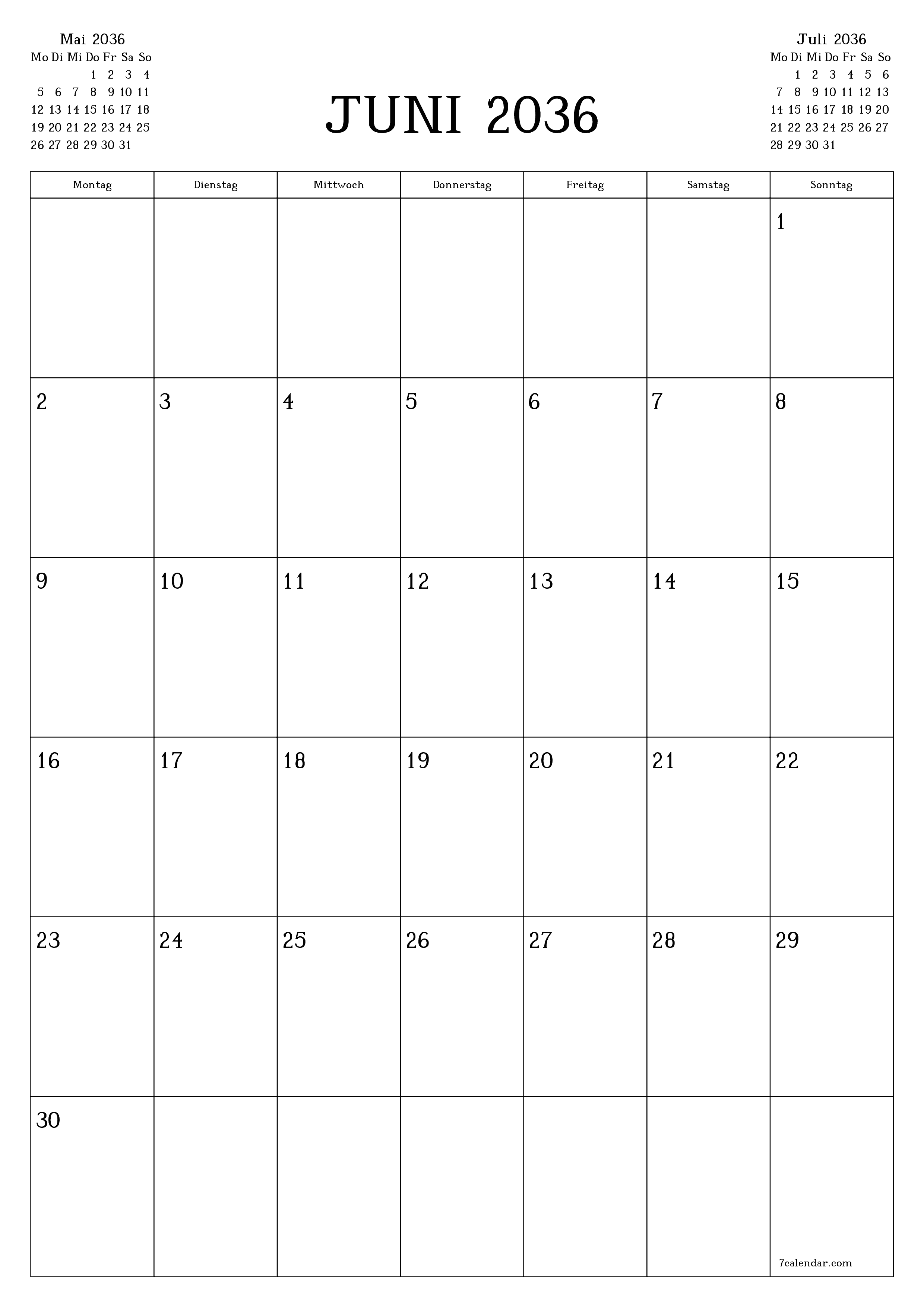  zum Ausdrucken Wandkalender vorlage kostenloser vertikal Monatlich Planer Kalender Juni (Jun) 2036