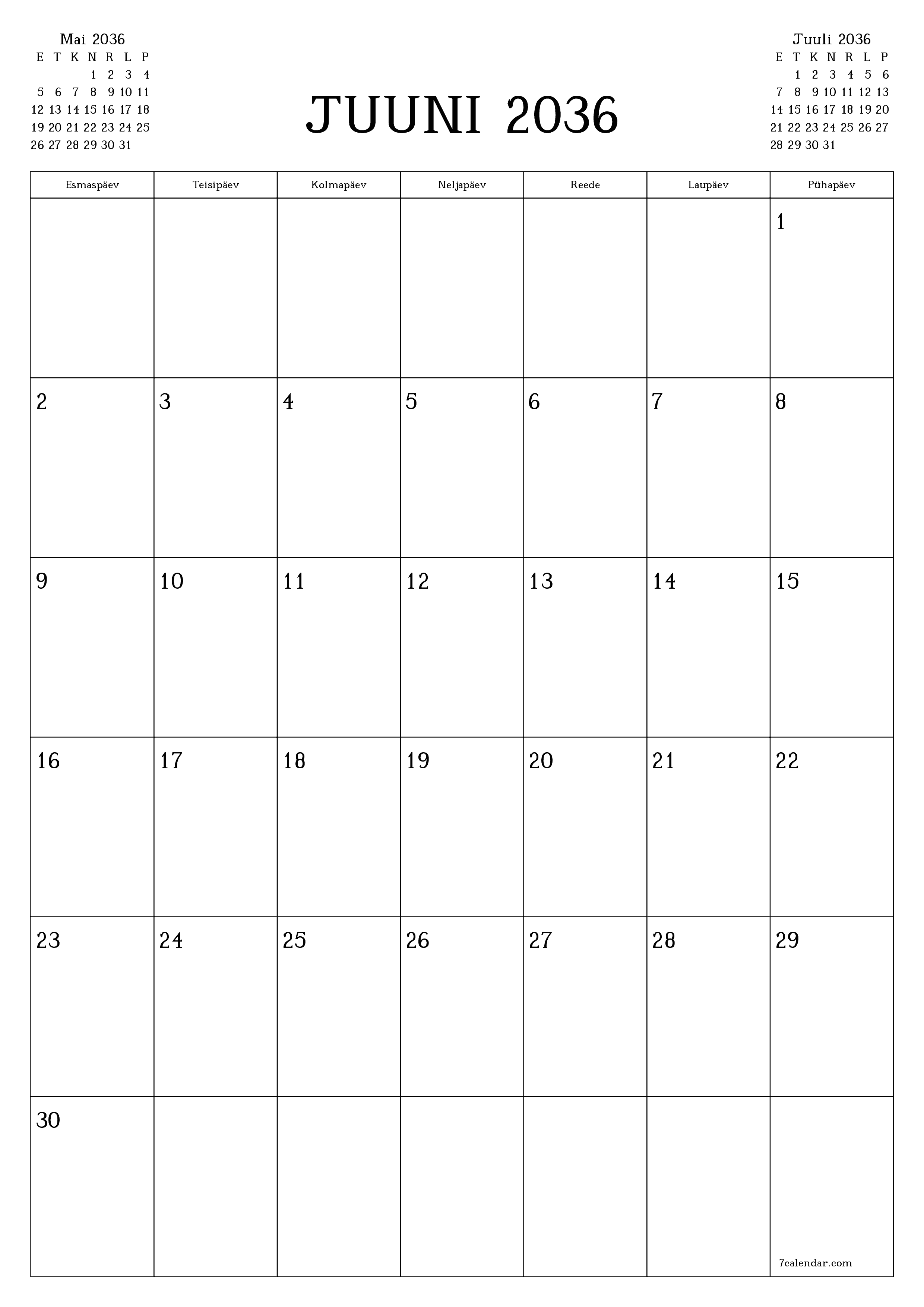 prinditav seina kalendri mall tasuta vertikaalne Igakuine planeerija kalender Juuni (Juuni) 2036