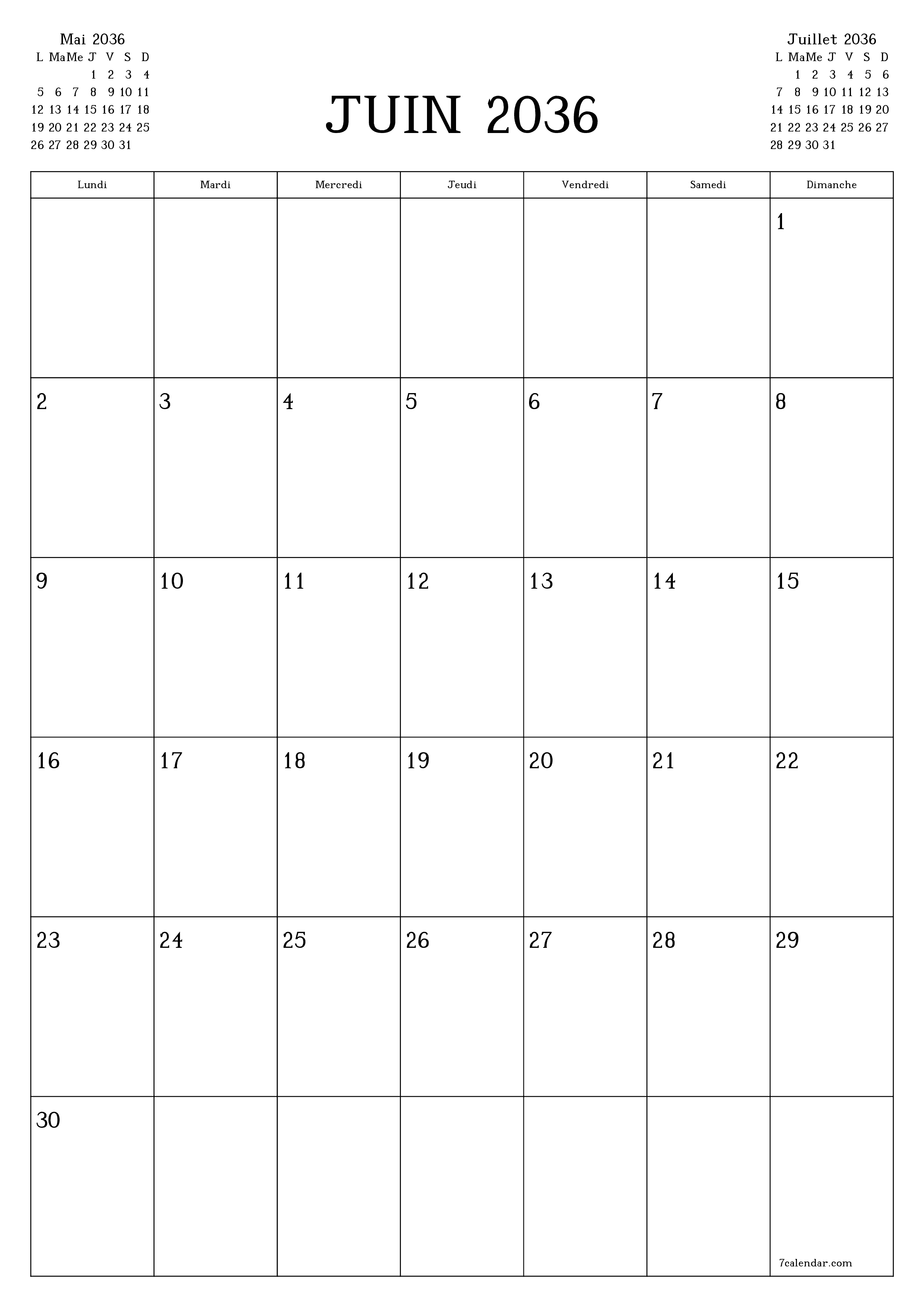  imprimable mural modèle de gratuitverticale Mensuel planificateur calendrier Juin (Jui) 2036