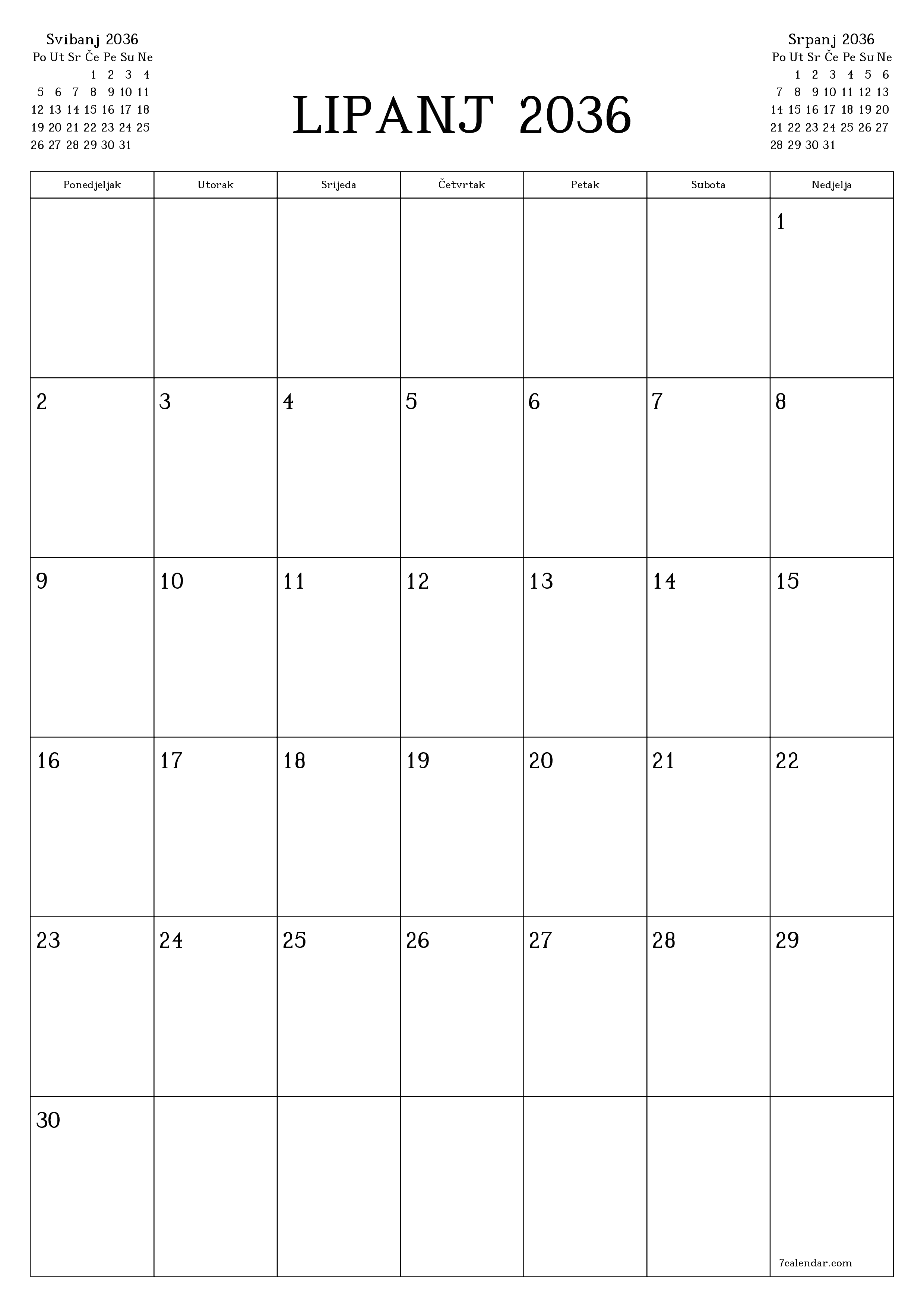  za ispis zidni predložak a besplatni okomito Mjesečni planer kalendar Lipanj (Lip) 2036