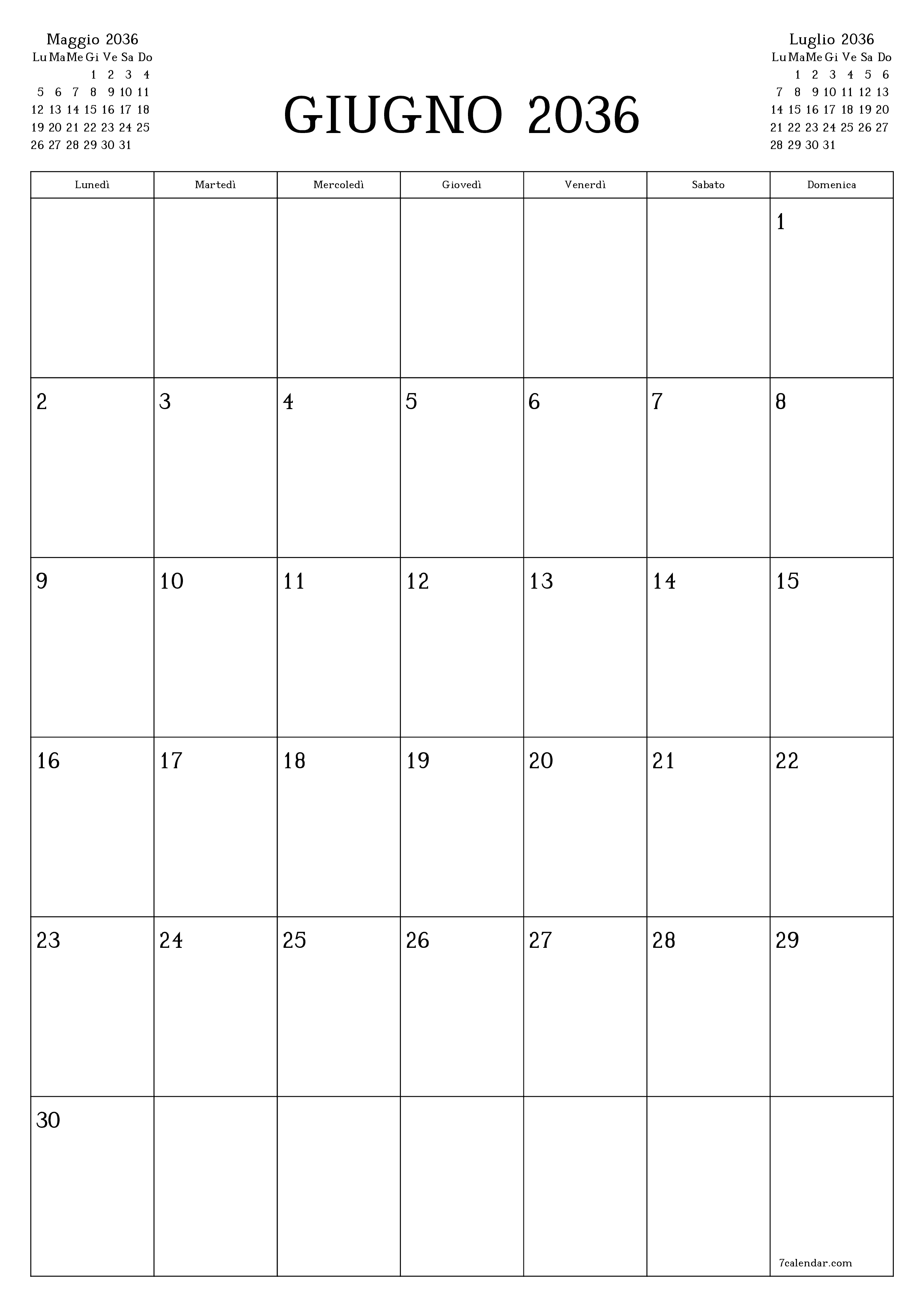  stampabile da parete modello di gratuitoverticale Mensile pianificatore calendario Giugno (Giu) 2036