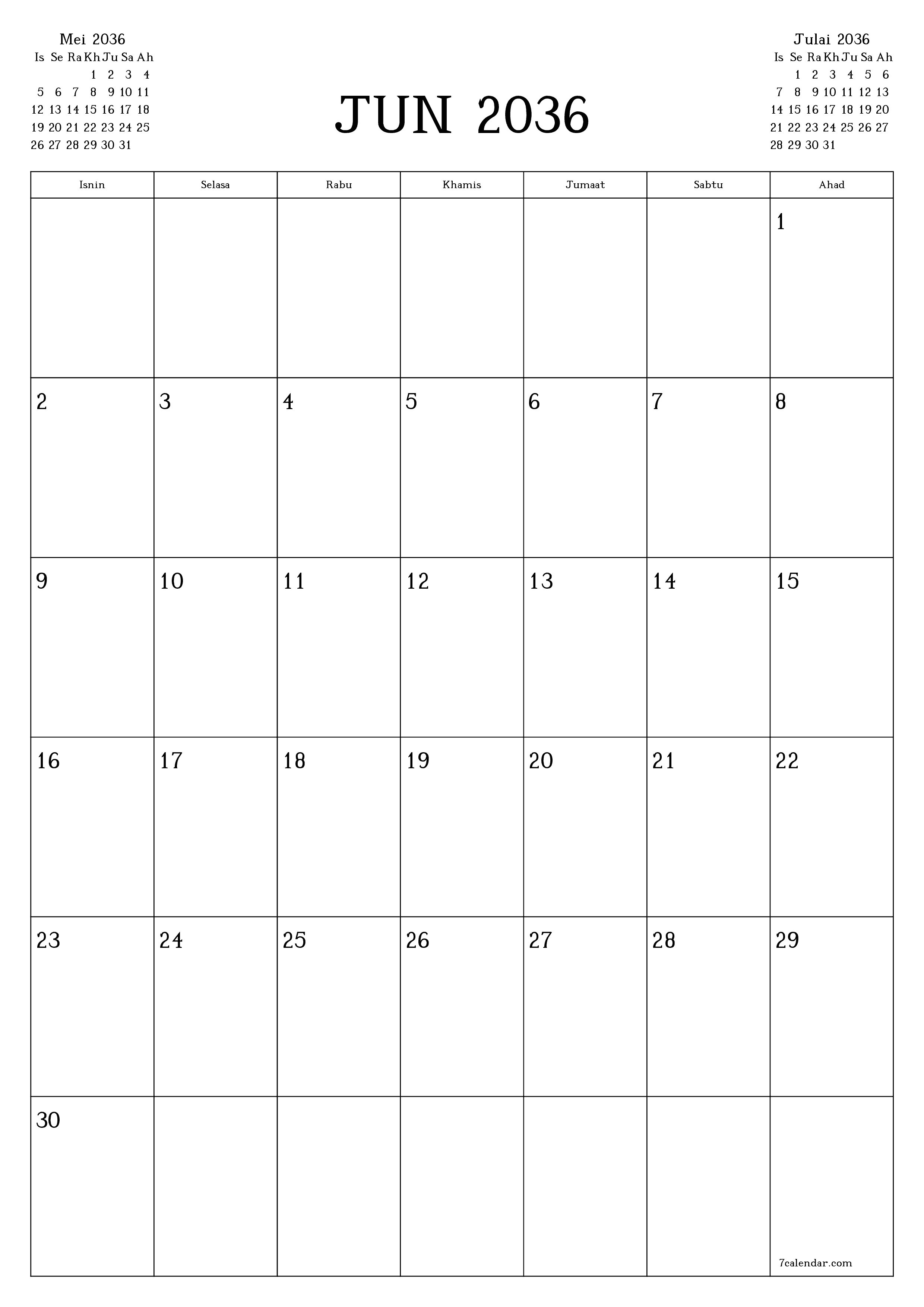  boleh cetak dinding templat percumamenegak Bulanan perancang kalendar Jun (Jun) 2036