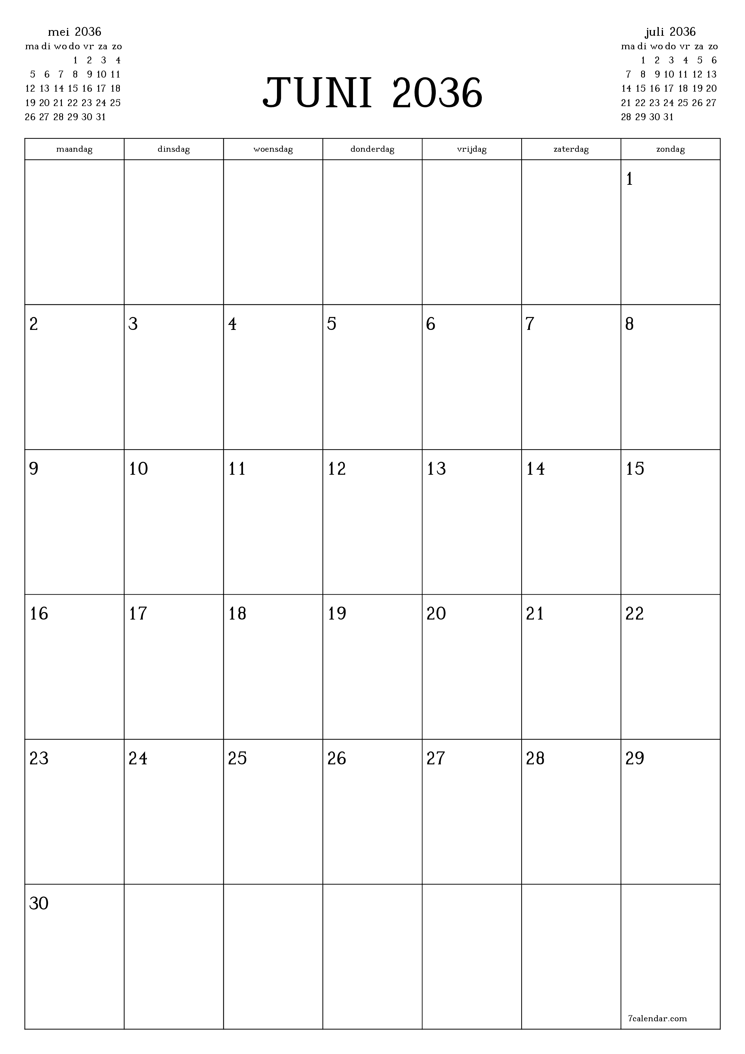 afdrukbare muur sjabloon gratis verticaal Maandelijks planner kalender juni (jun) 2036