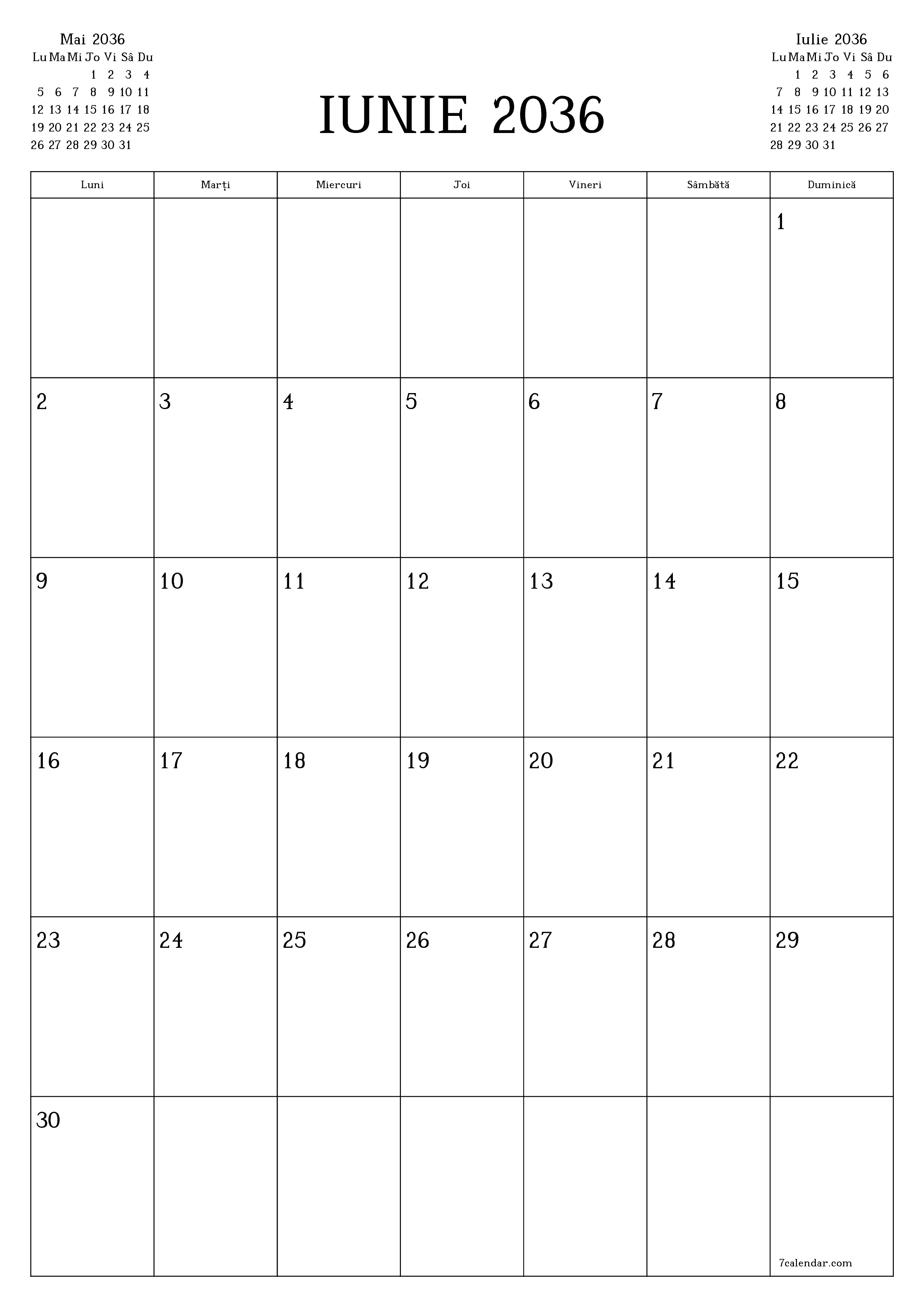 imprimabil de perete șablon de gratuitvertical Lunar planificator calendar Iunie (Iun) 2036