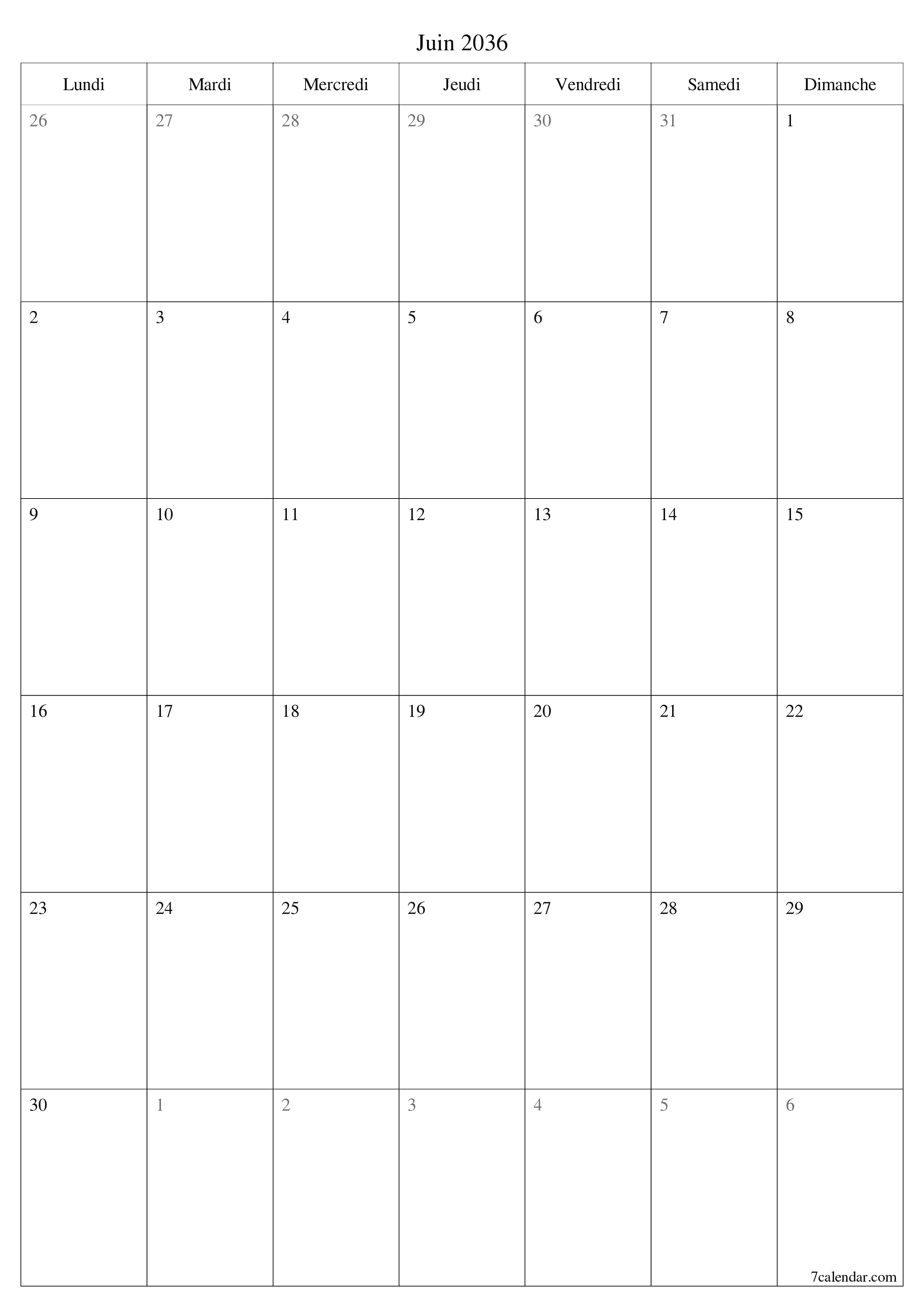  imprimable mural modèle de gratuitverticale Mensuel planificateur calendrier Juin (Jui) 2036