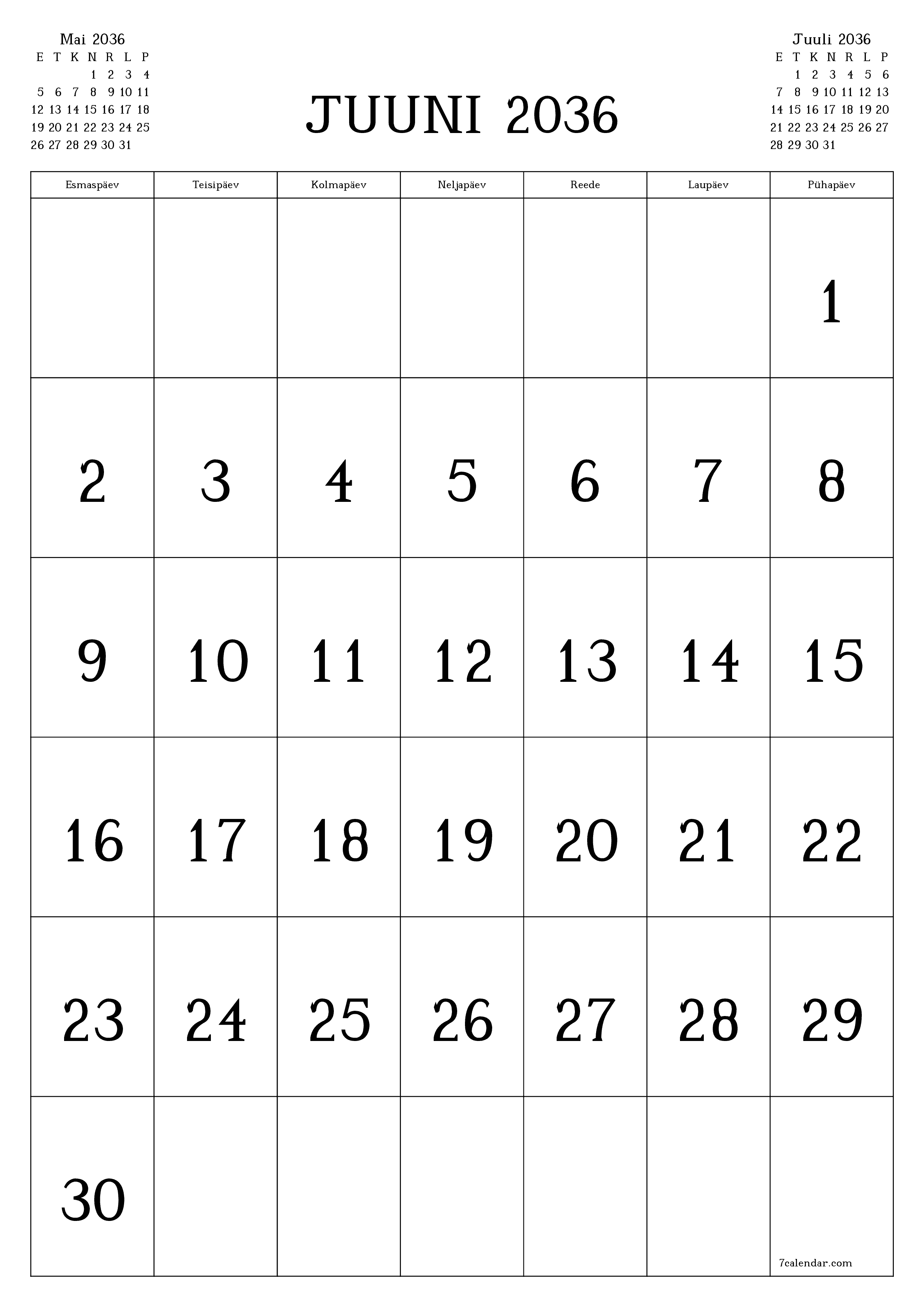 prinditav seina kalendri mall tasuta vertikaalne Igakuine kalender Juuni (Juuni) 2036