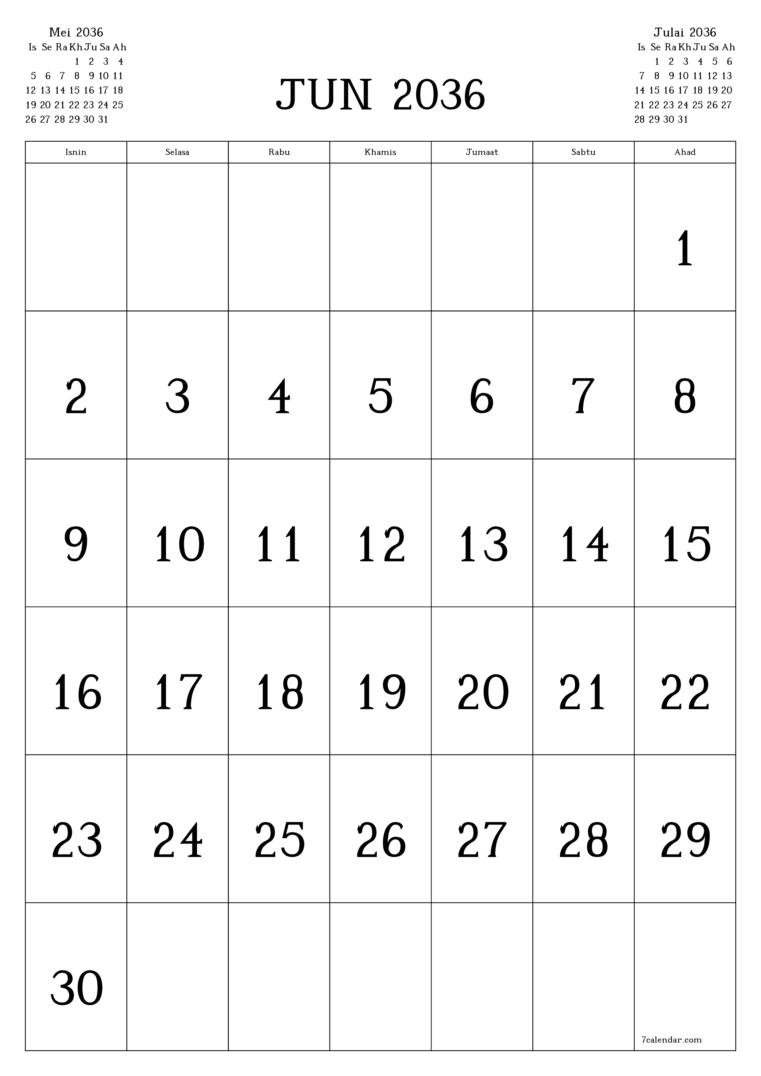  boleh cetak dinding templat percumamenegak Bulanan kalendar Jun (Jun) 2036
