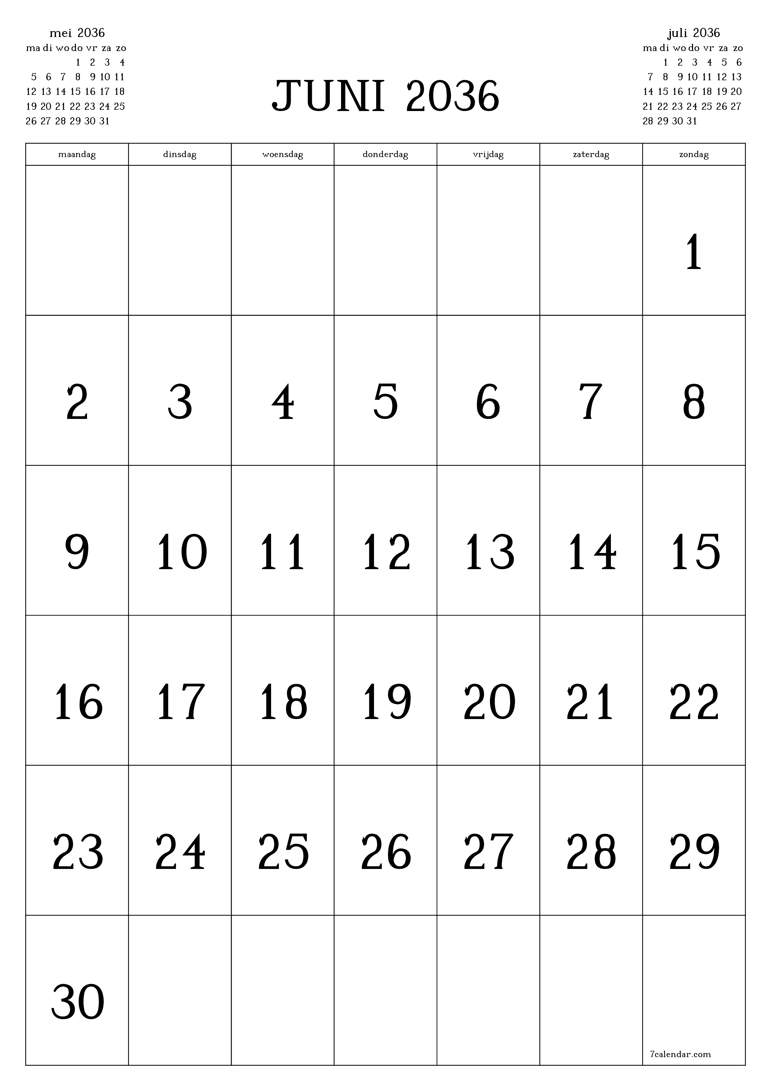 afdrukbare muur sjabloon gratis verticaal Maandelijks kalender juni (jun) 2036