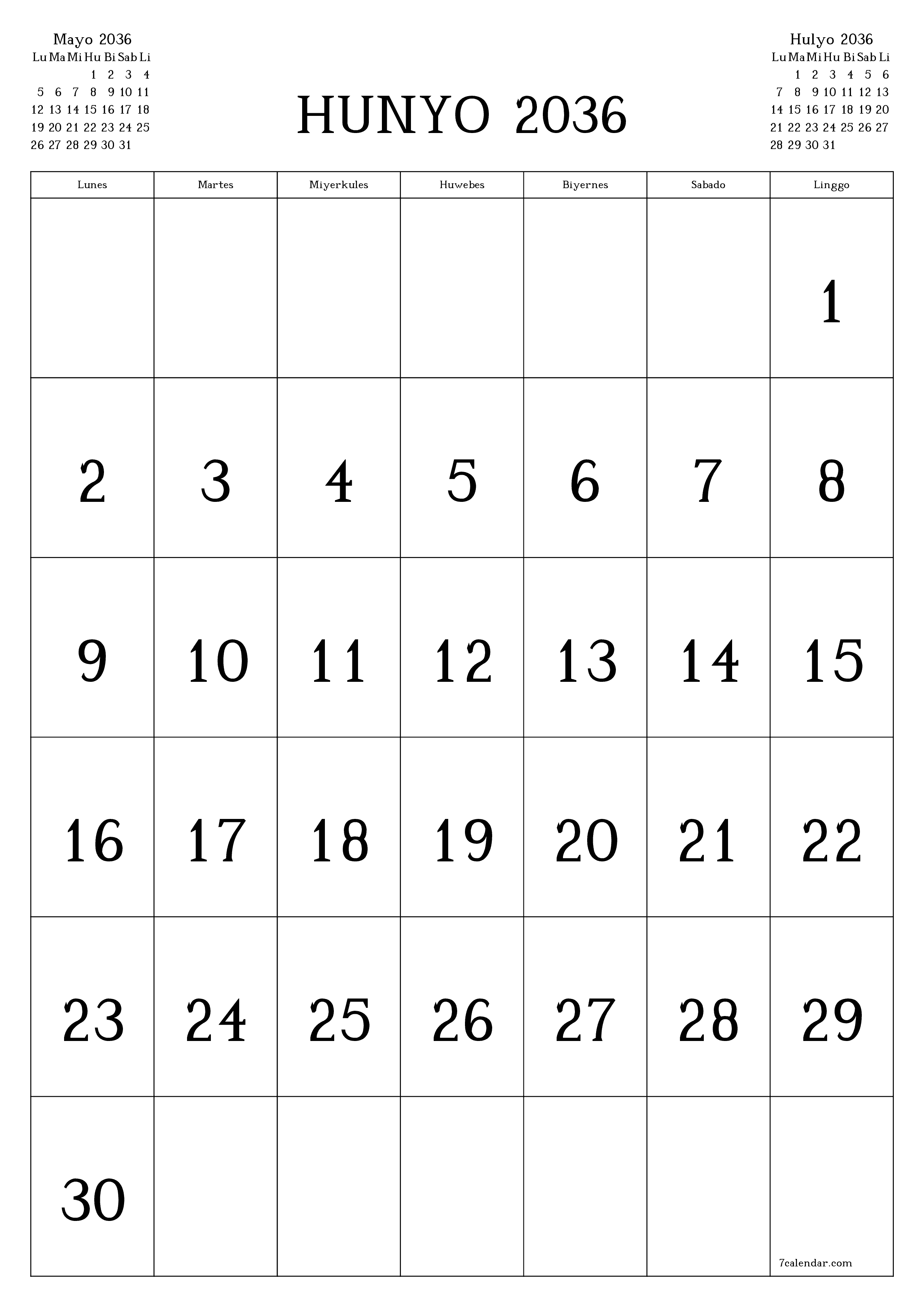 napi-print na sa dingding template ng libreng patayo Buwanang kalendaryo Hunyo (Hun) 2036