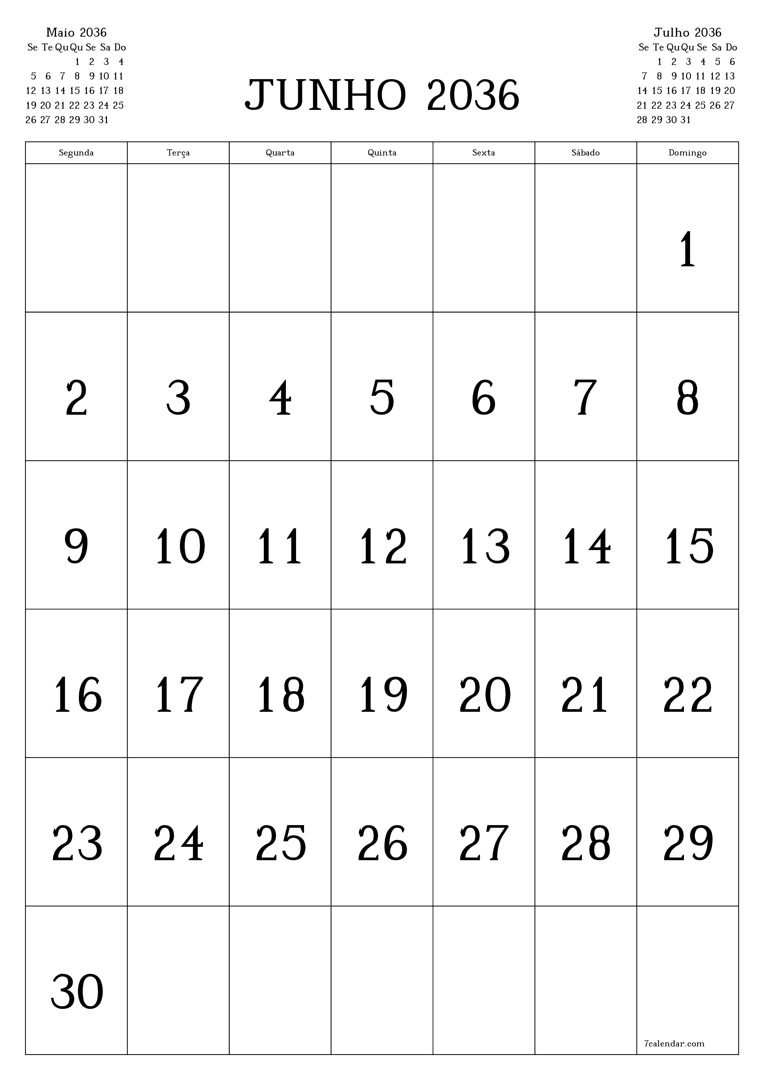  para impressão de parede modelo de grátisvertical Mensal calendário Junho (Jun) 2036